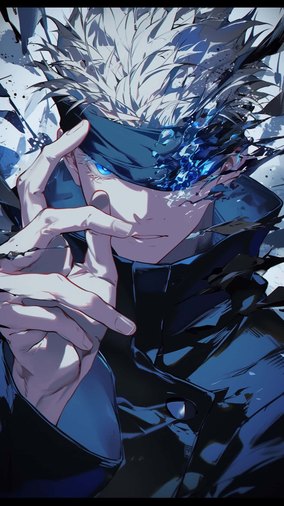 Gojo Satoru, spiky white hair, glowing blue eyes, Full HD Phone Wallpaper