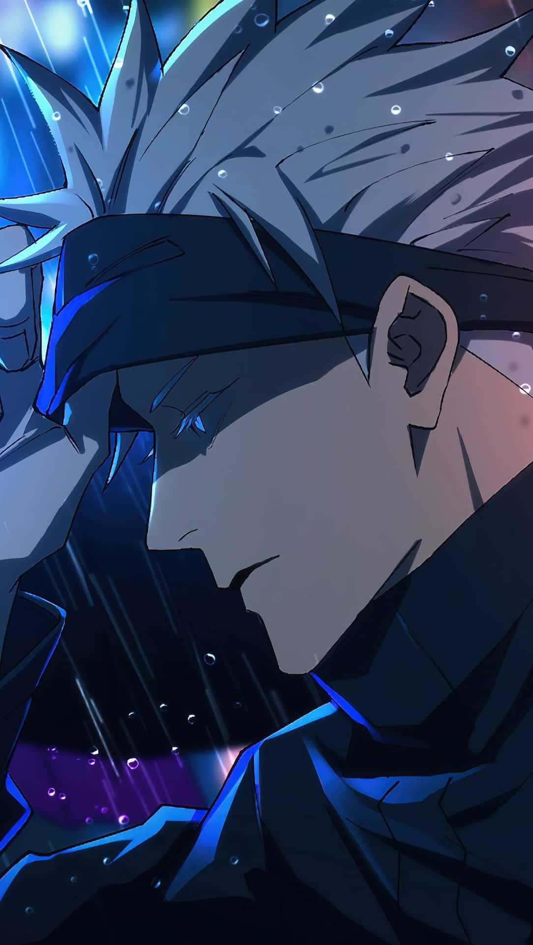 Gojo Satoru, spiky silver hair, neon blue lights, Full HD Phone Wallpaper
