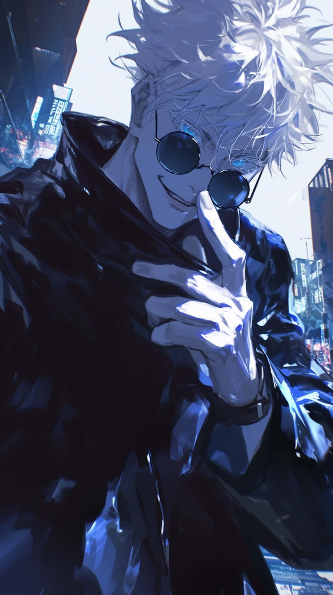 Gojo Satoru, black trench coat, round sunglasses, Full HD Phone Wallpaper