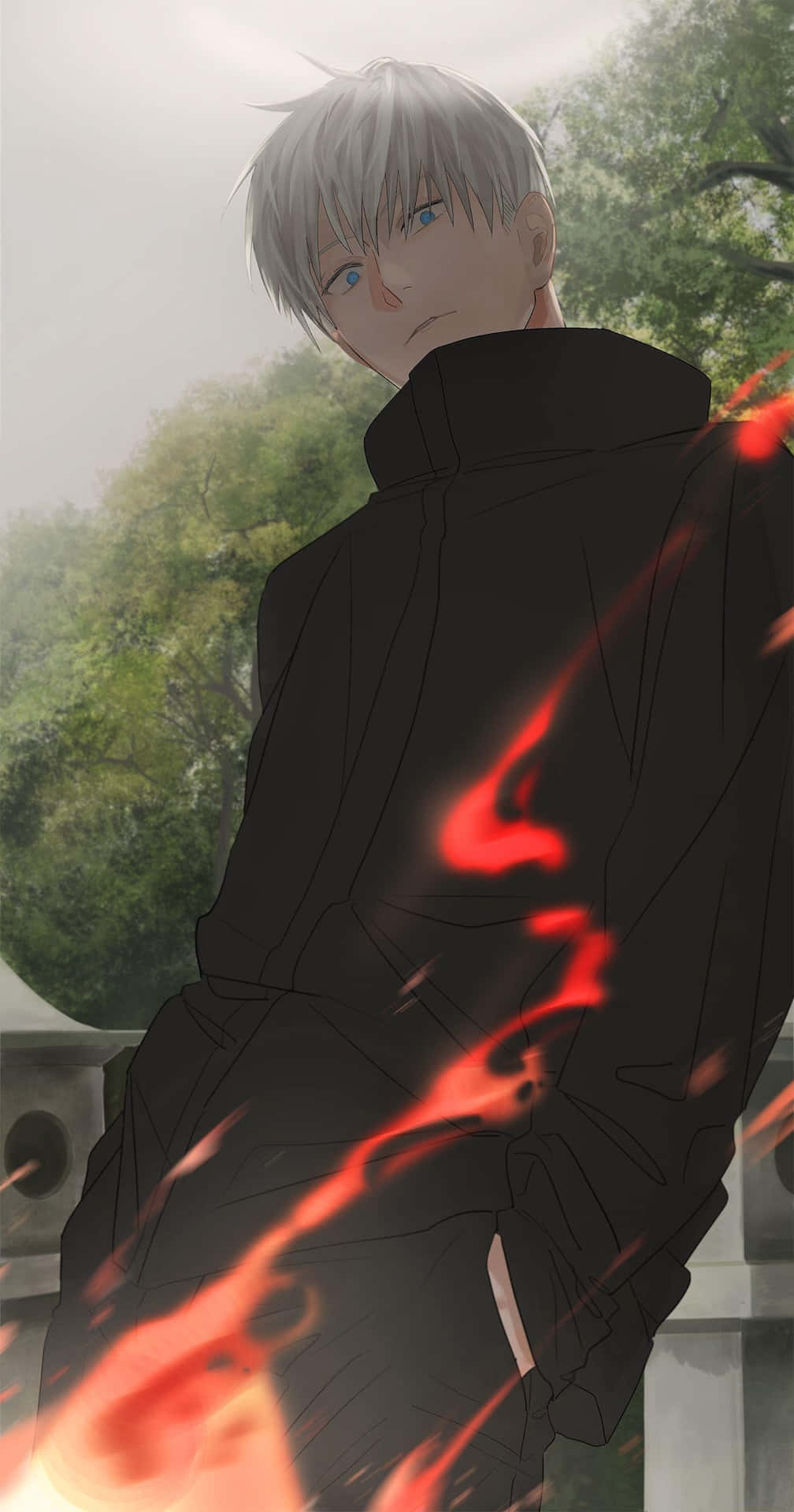 Gojo Satoru, silver-haired anime boy, black coat, Full HD Phone Wallpaper