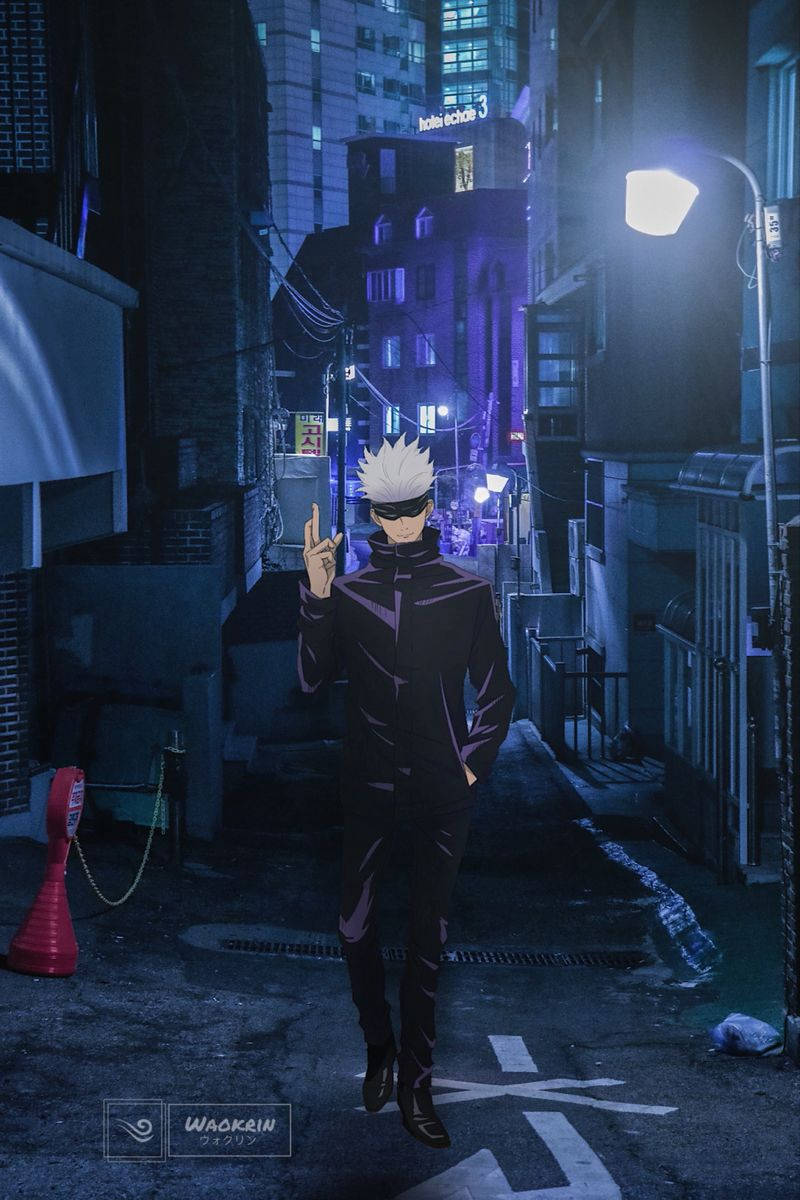 Gojo Satoru, neon-lit urban alley, night, SD Phone Wallpaper