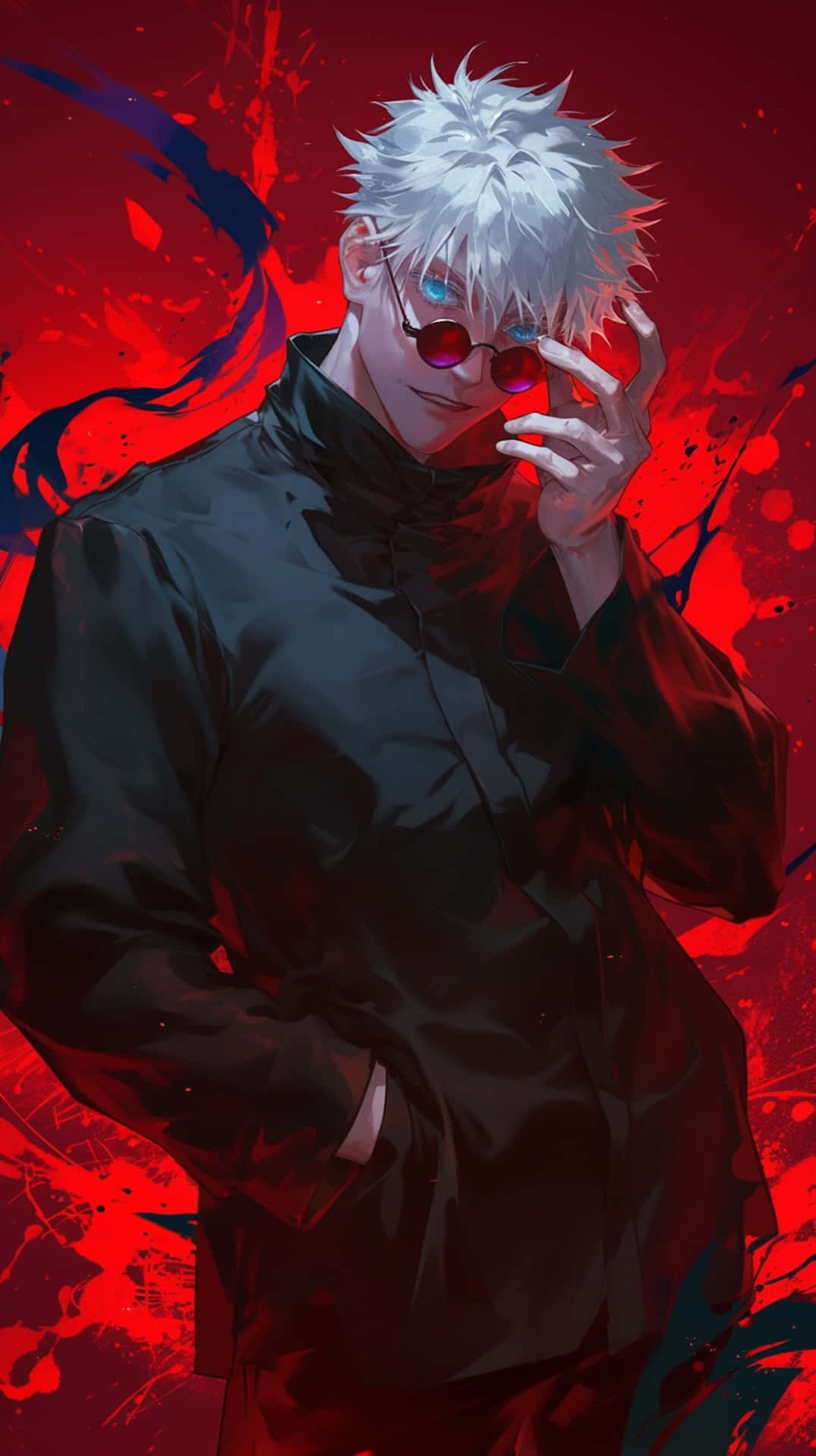 Gojo Satoru, red sunglasses, black coat, Full HD Phone Wallpaper