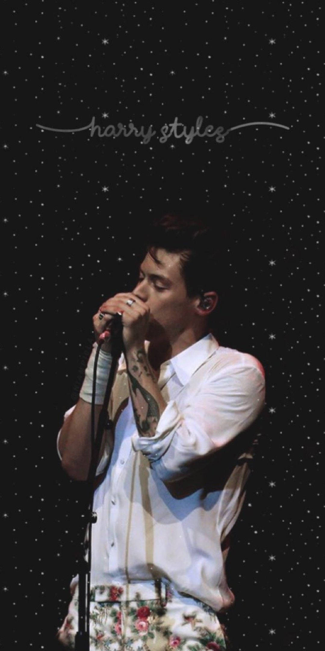 Harry Styles, starry night backdrop, scripted text, Full HD Phone Wallpaper