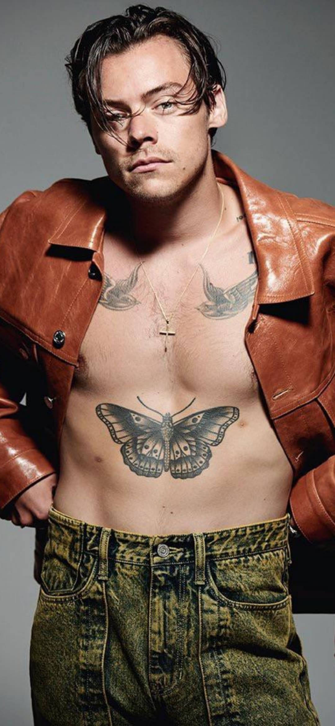 iPhone Harry Styles, butterfly tattoo, brown leather jacket, Full HD Phone Wallpaper