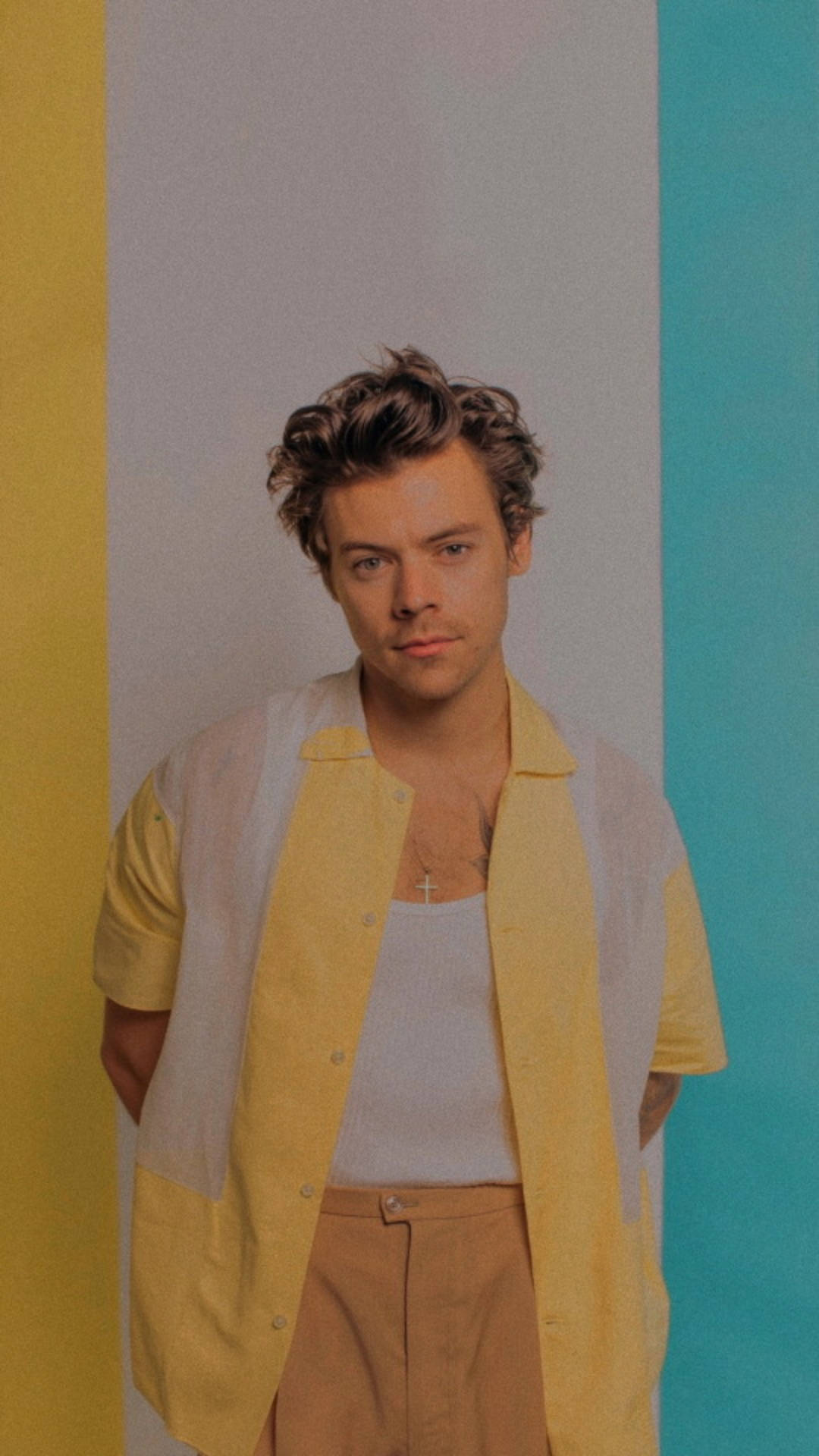 iPhone Harry Styles, yellow polo, vibrant yellow white and teal striped background, Full HD Phone Wallpaper