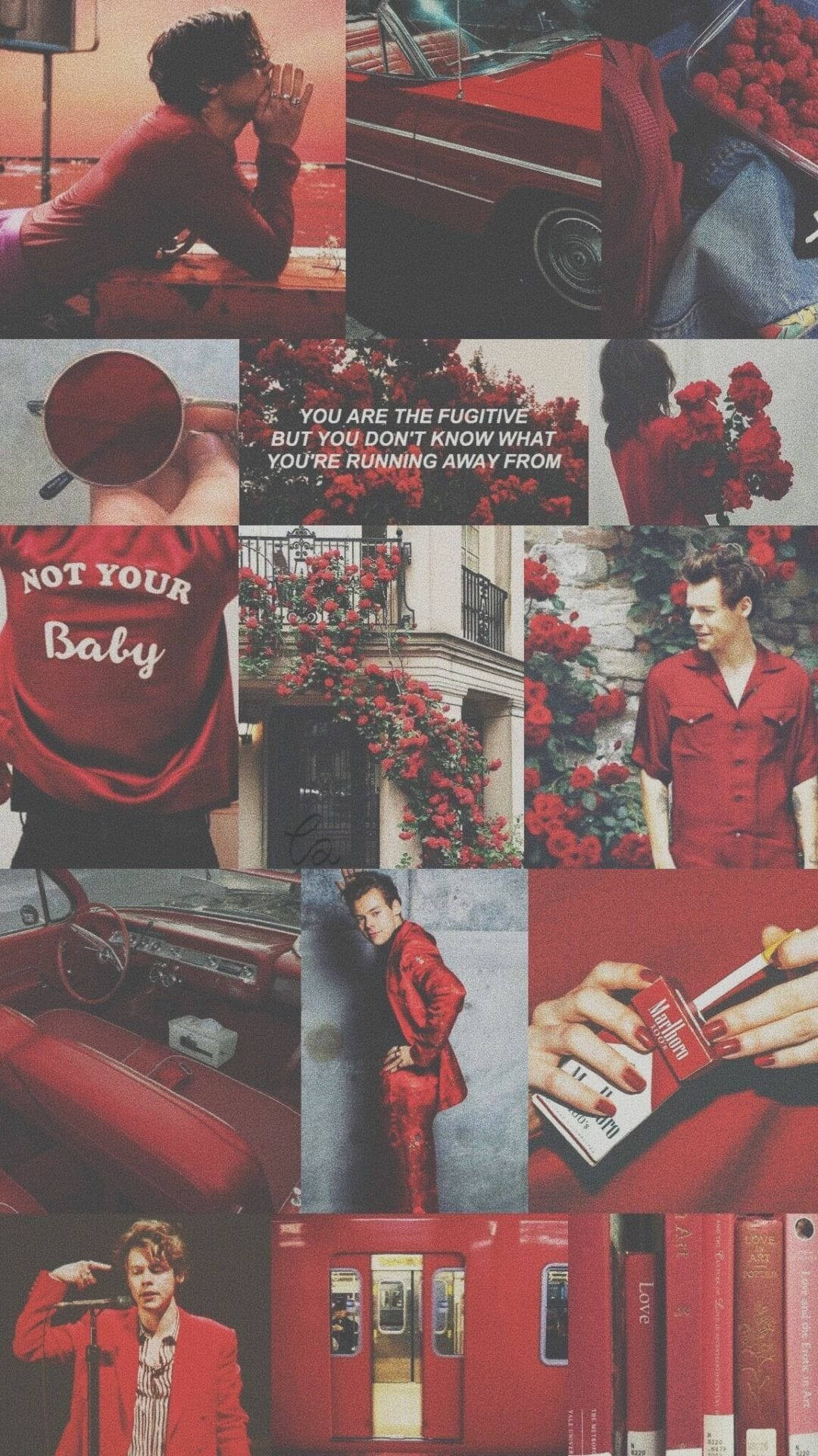 Harry Styles, vibrant red-themed, collage, Full HD Phone Wallpaper