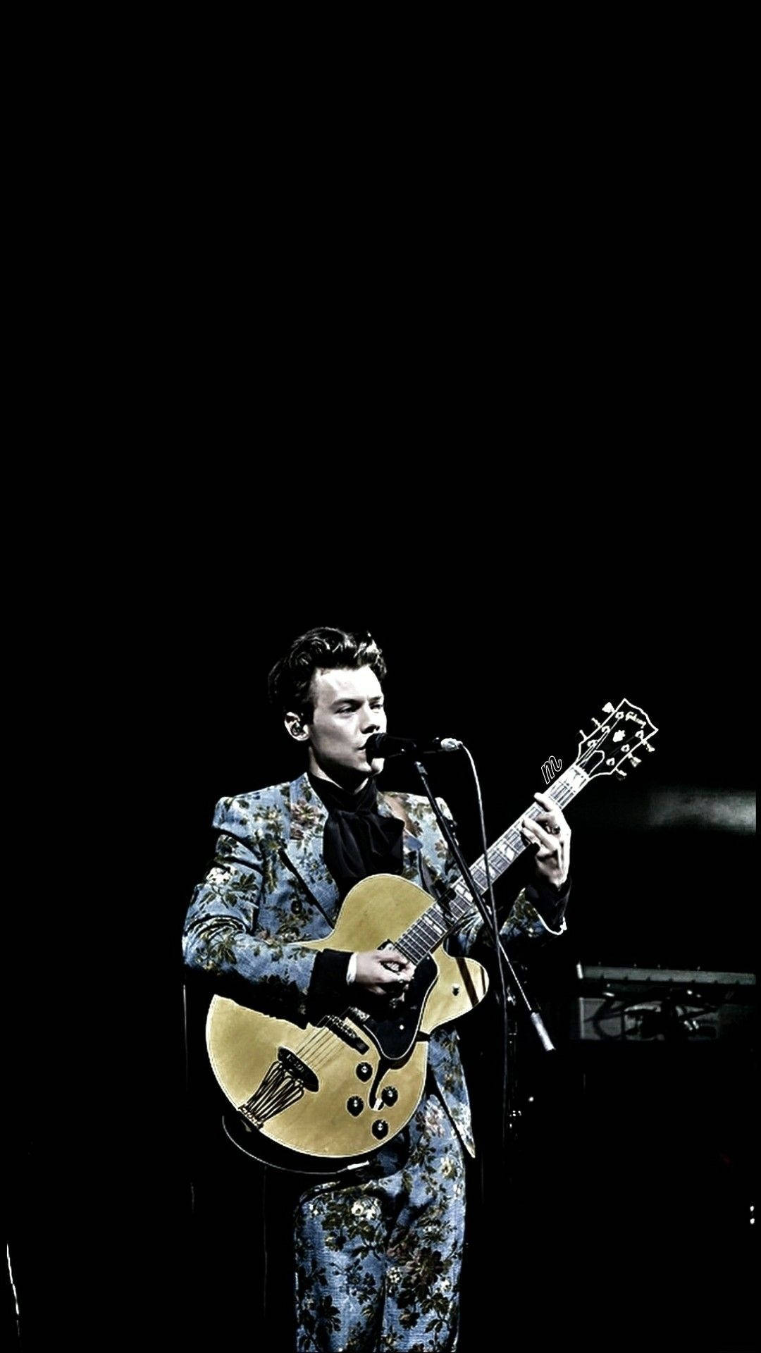 iPhone Harry Styles, floral suit, golden archtop guitar, Full HD Phone Wallpaper