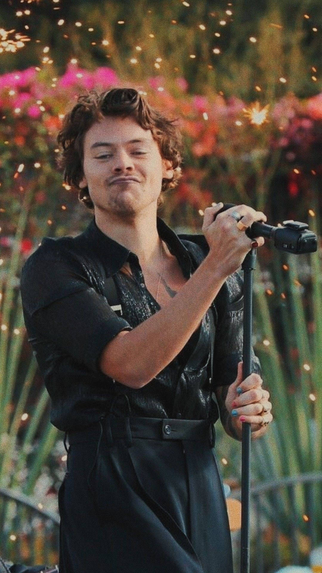 iPhone Harry Styles, pink flowers, glowing sparkles, Full HD Phone Wallpaper