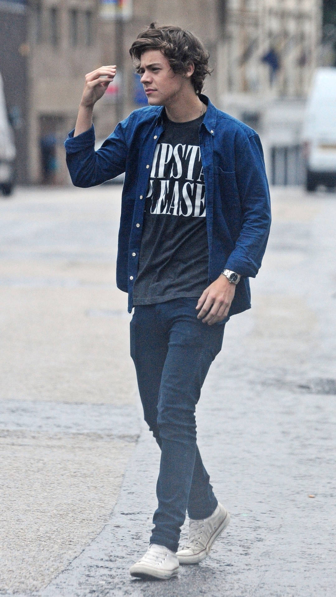 iPhone Harry Styles, blue denim jacket, wet city street, Full HD Phone Wallpaper