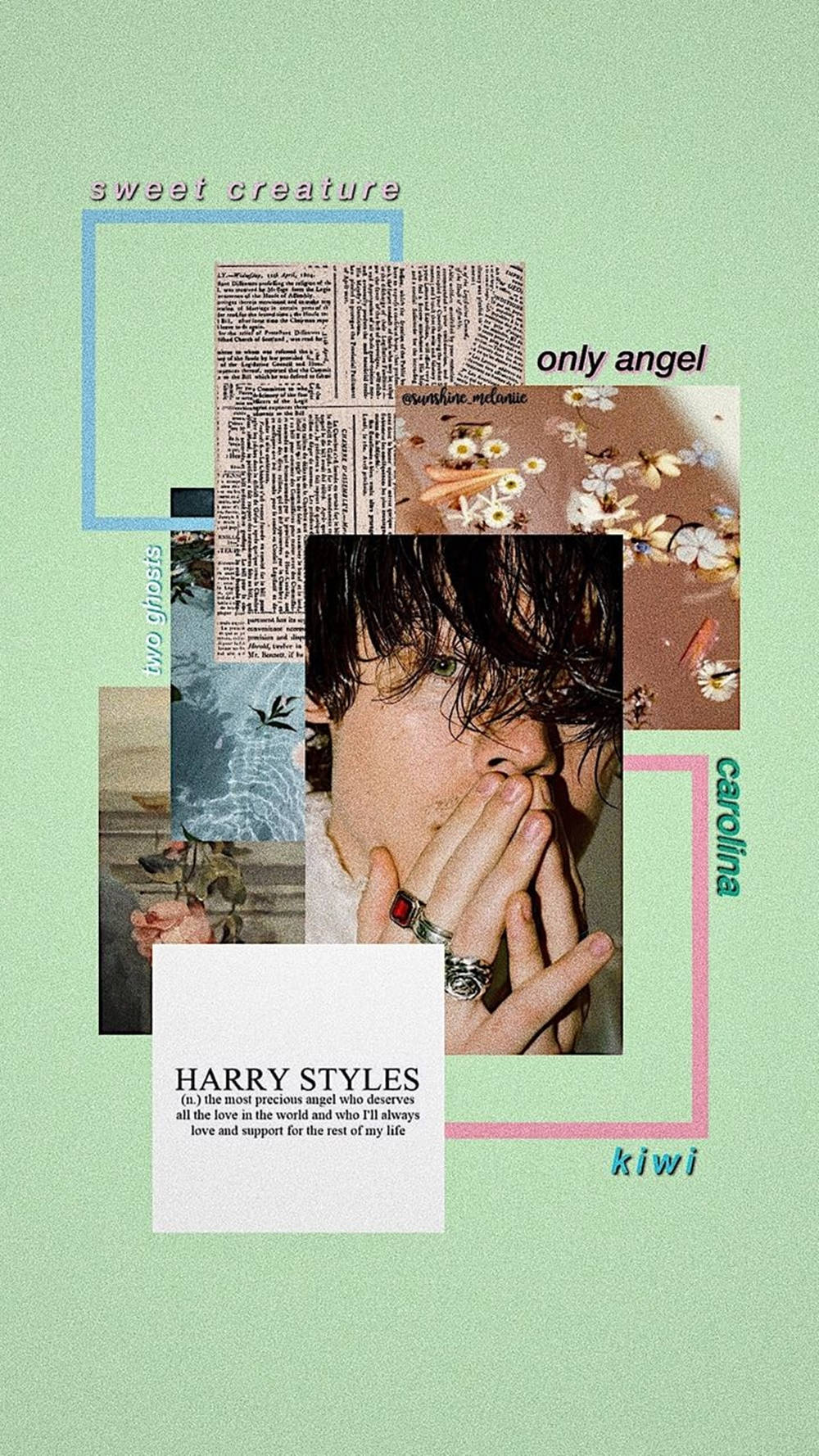 Harry Styles, mint green background, floral imagery, HD Phone Wallpaper