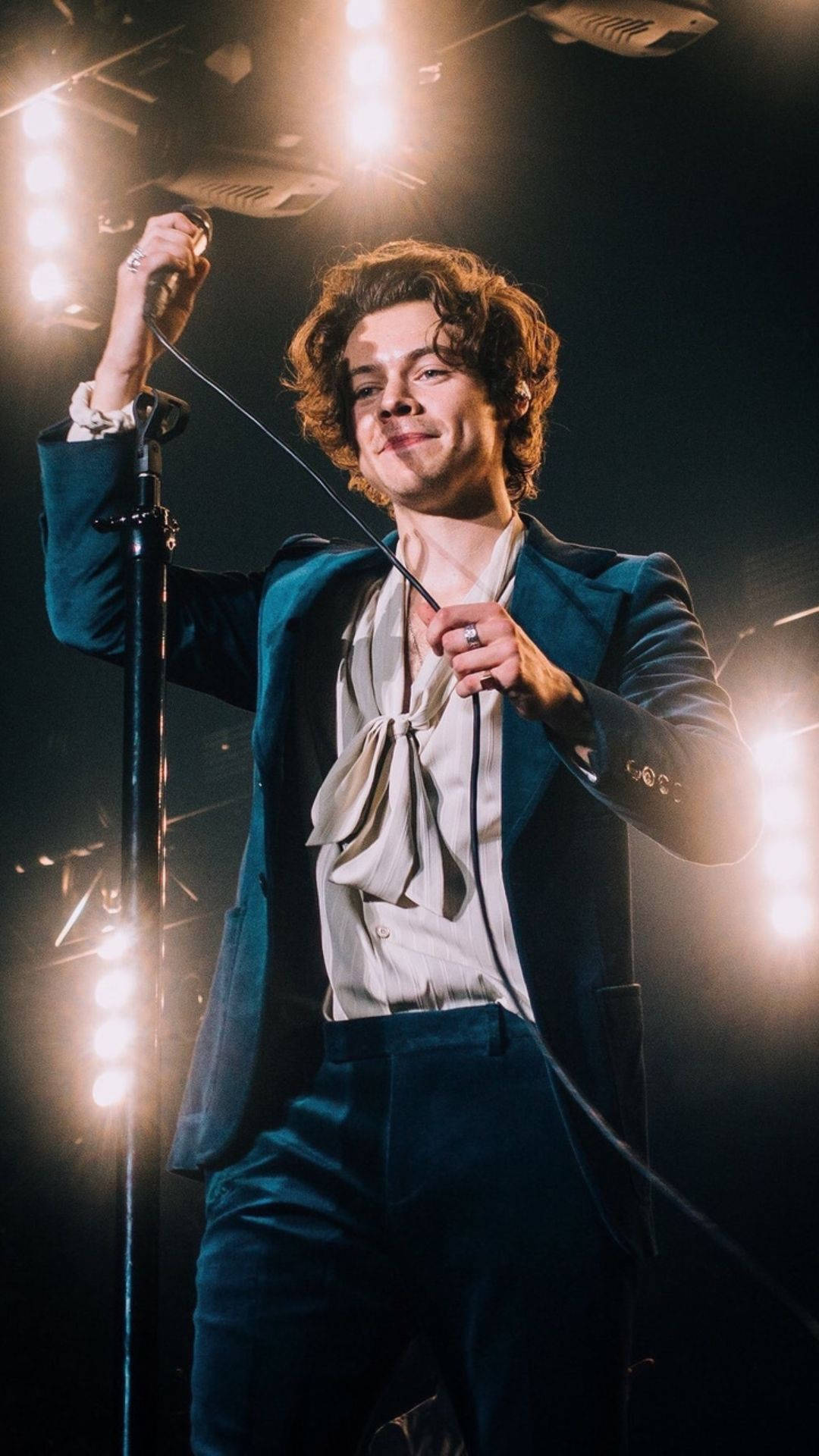iPhone Harry Styles, teal suit, microphone stand, Full HD Phone Wallpaper