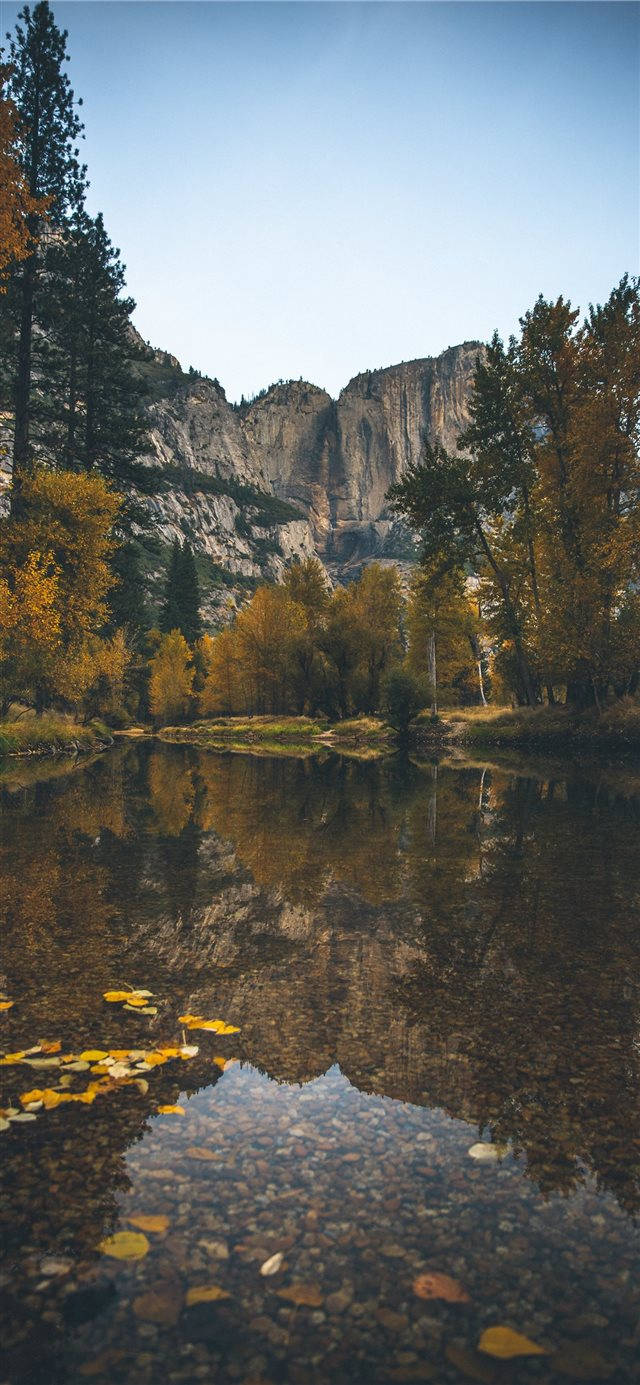 iPhone iOS 10, autumn river, granite cliffs, HD Phone Wallpaper