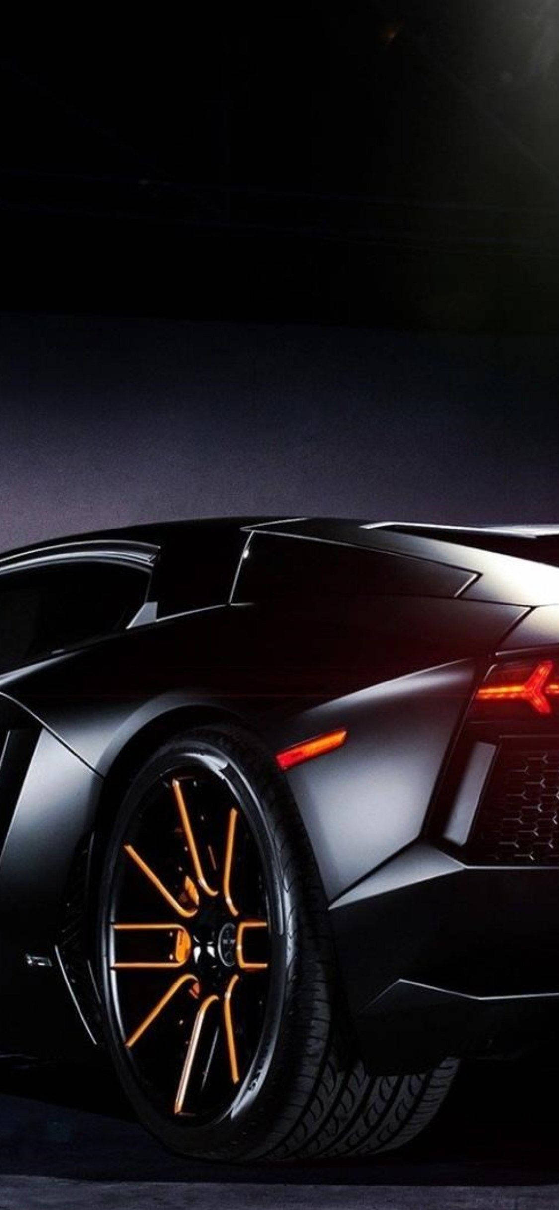 Lamborghini, matte black, glowing orange wheels, Full HD Phone Wallpaper