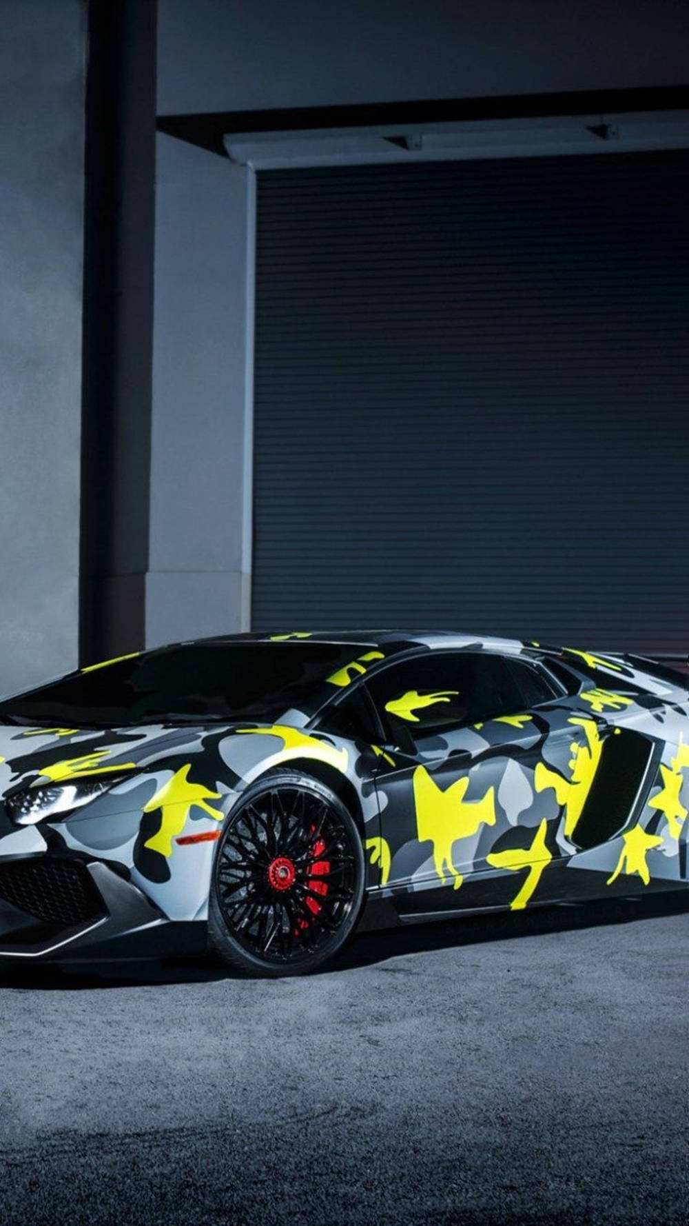 Lamborghini, yellow and gray camouflage paint, dimly lit industrial garage, HD Phone Wallpaper