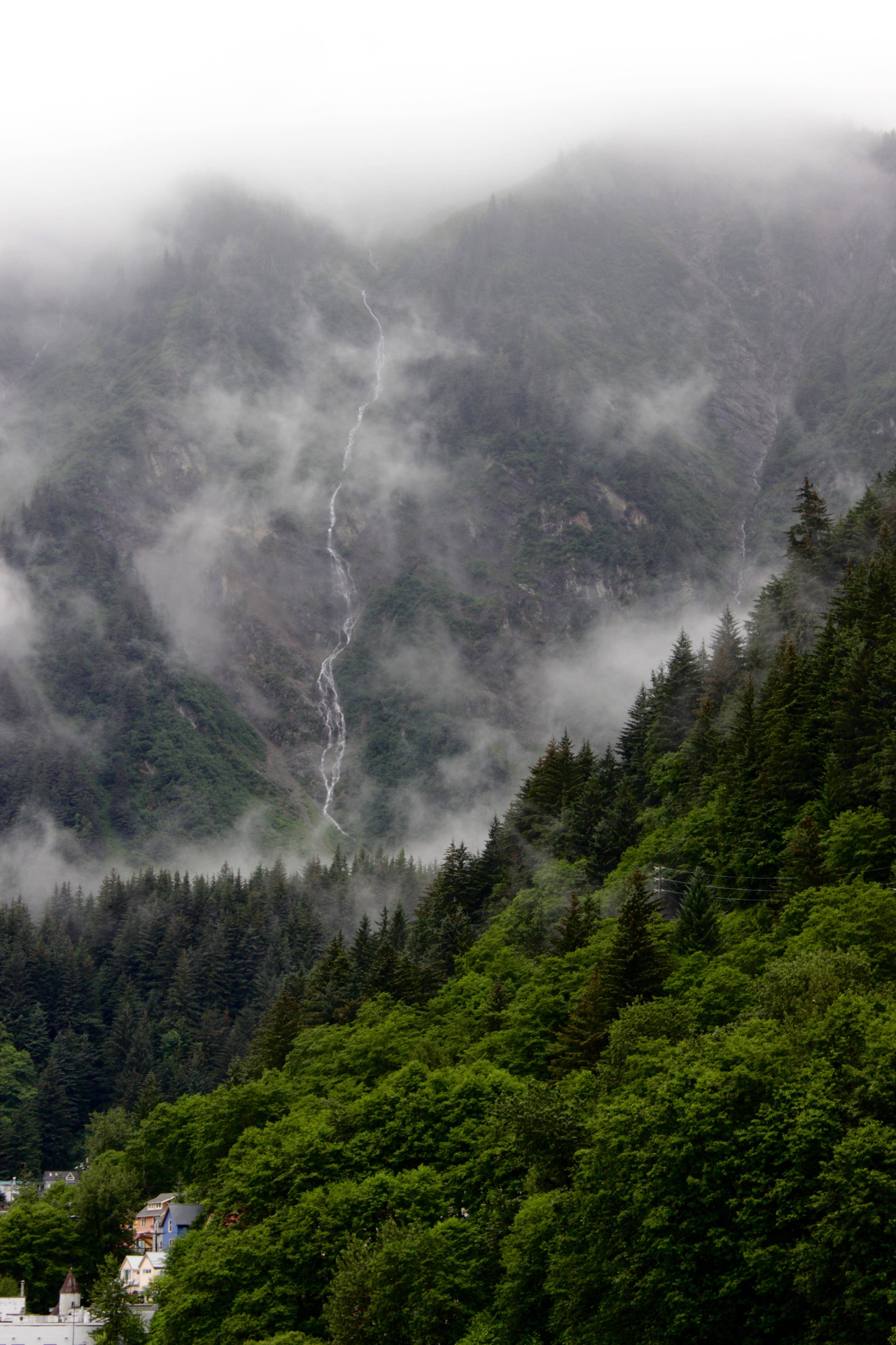 foggy mountain slope, misty mountain valley, cascading waterfall, 5K Phone Wallpaper