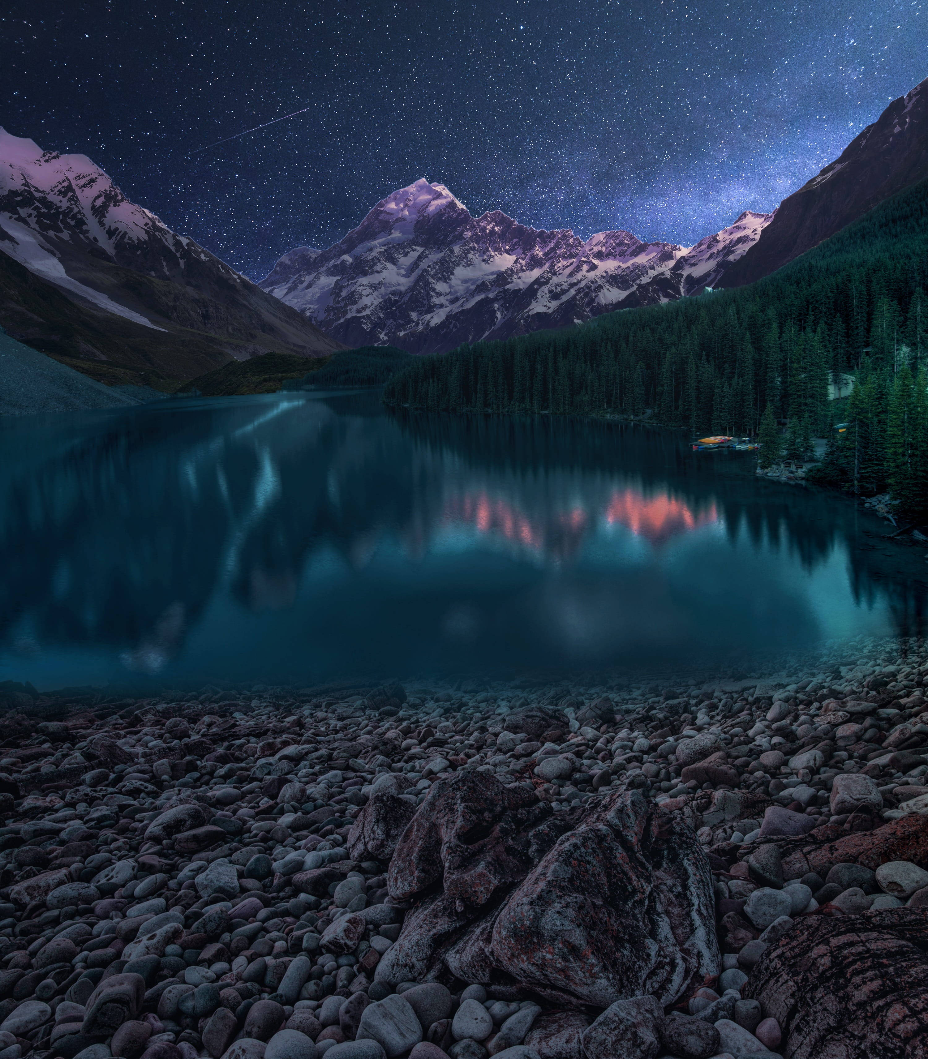 starry night sky, alpine lake, snow-capped mountains, 2K Phone Wallpaper