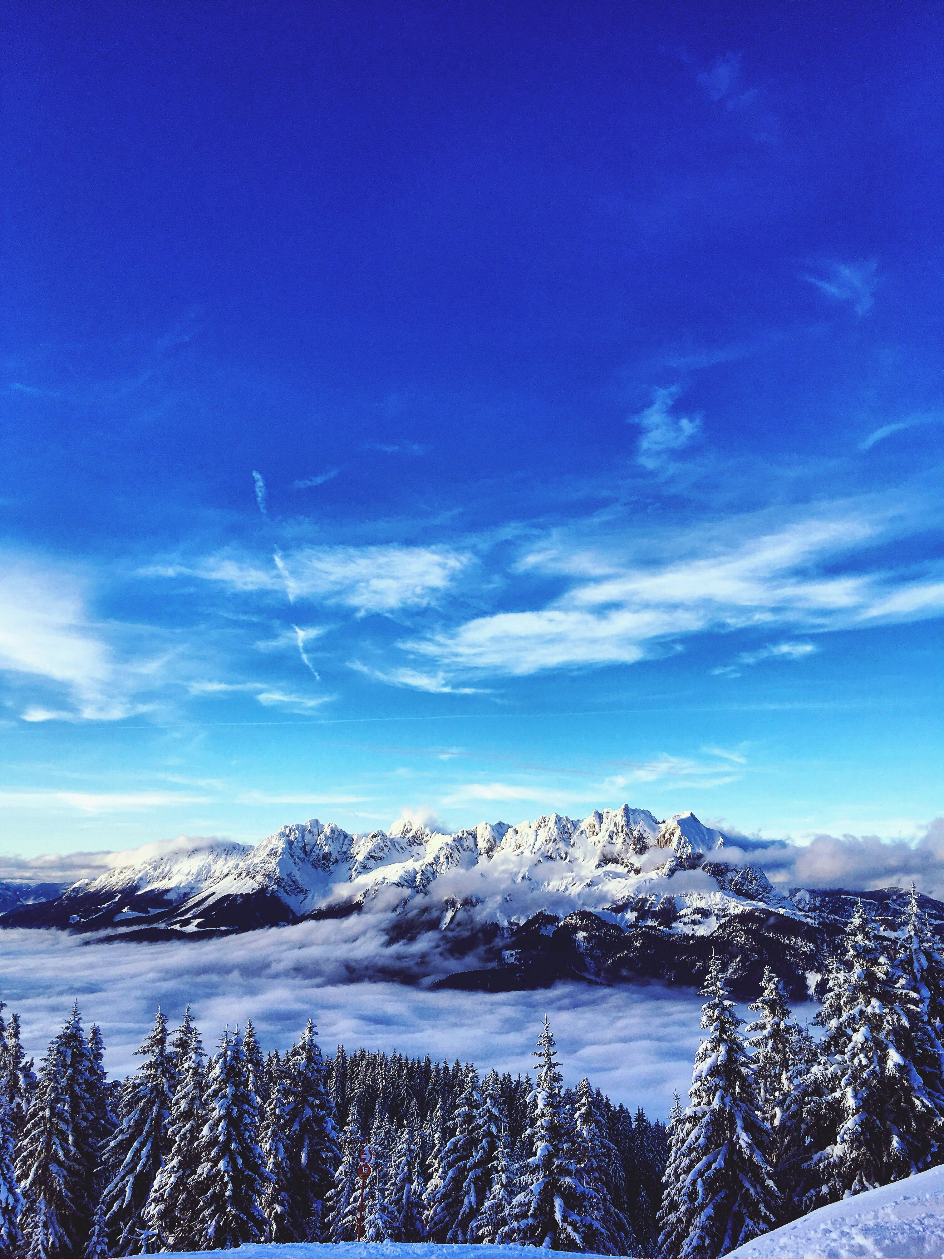 blue skies, mountains, snowcapped mountain peaks, 4K Phone Wallpaper