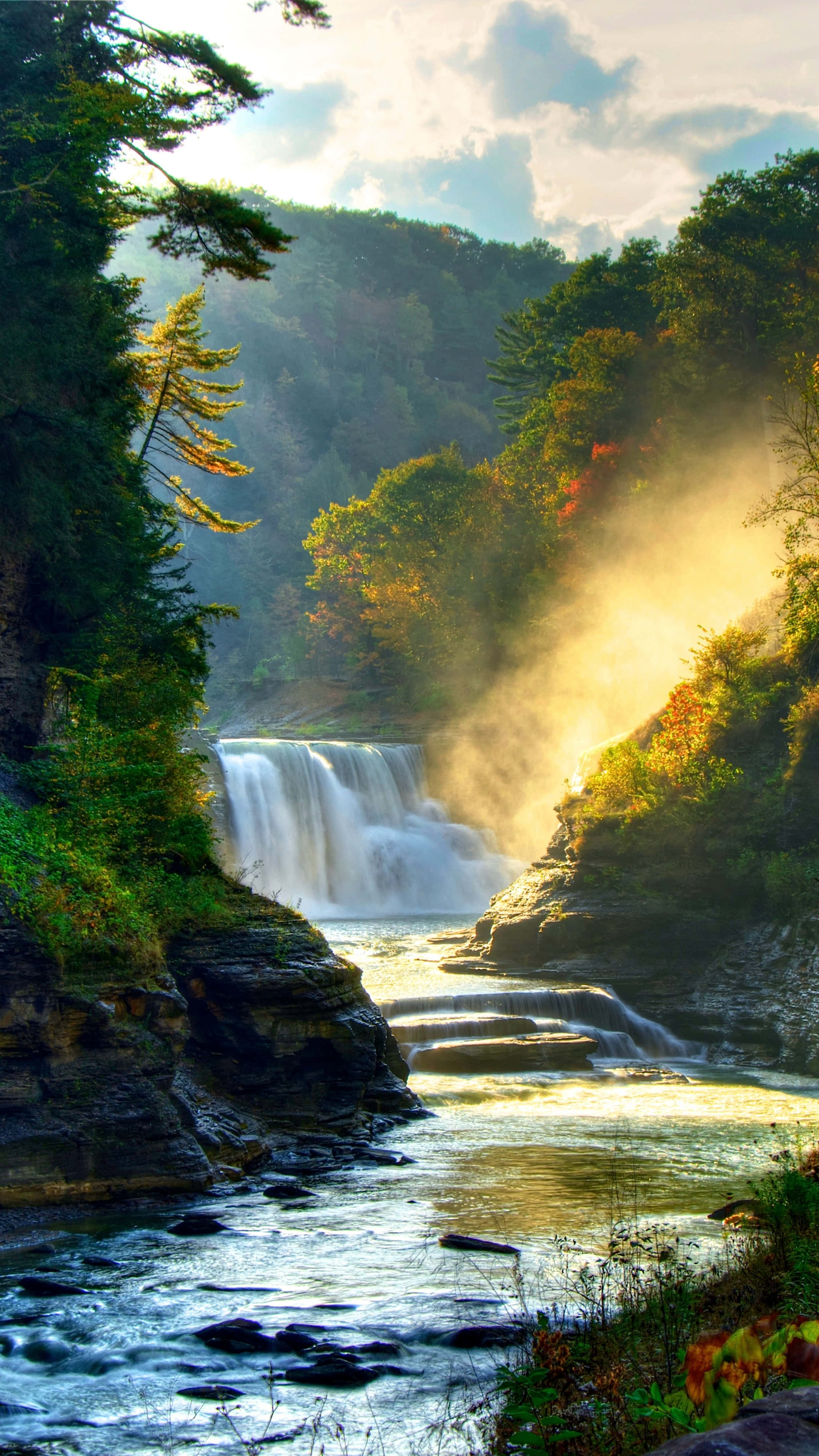 4K Nature iPhone, waterfall, autumn trees, 4K Phone Wallpaper
