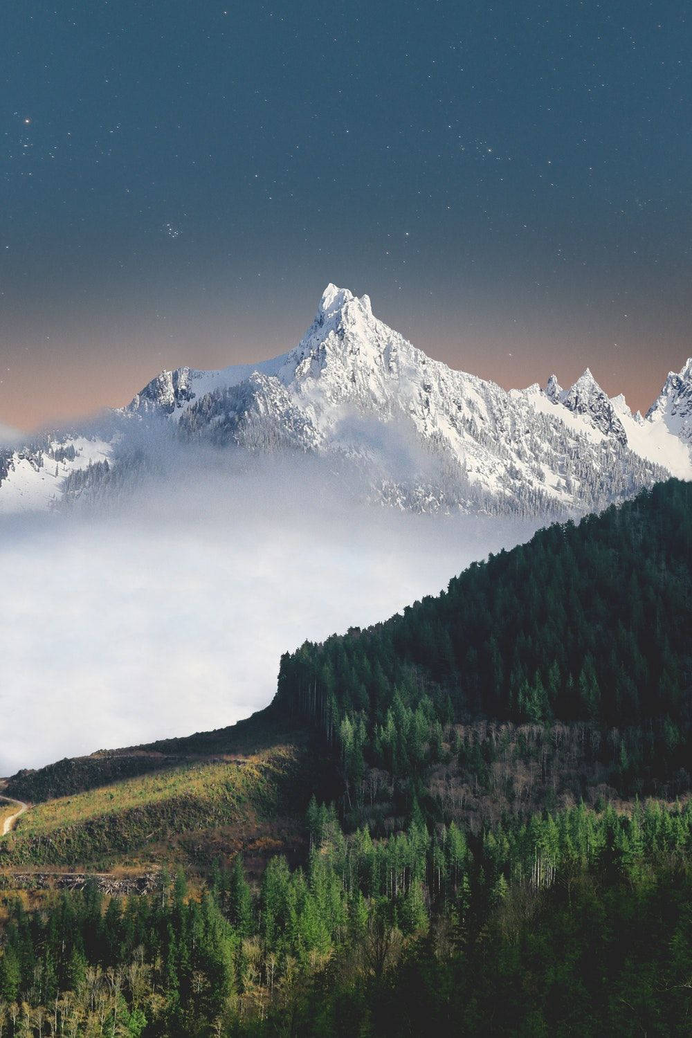 mountain peaks, starry twilight sky, sea of clouds, HD Phone Wallpaper