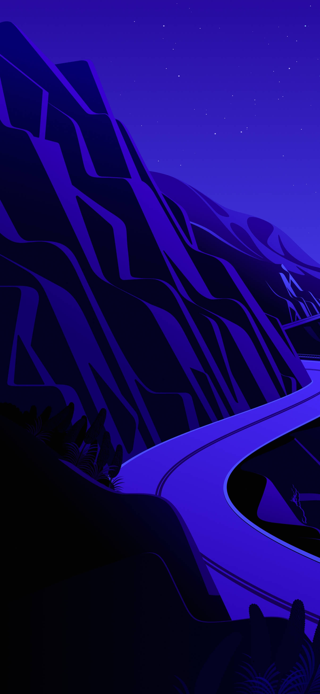 winding road, jagged purple mountains, starry night sky, 2K Phone Wallpaper