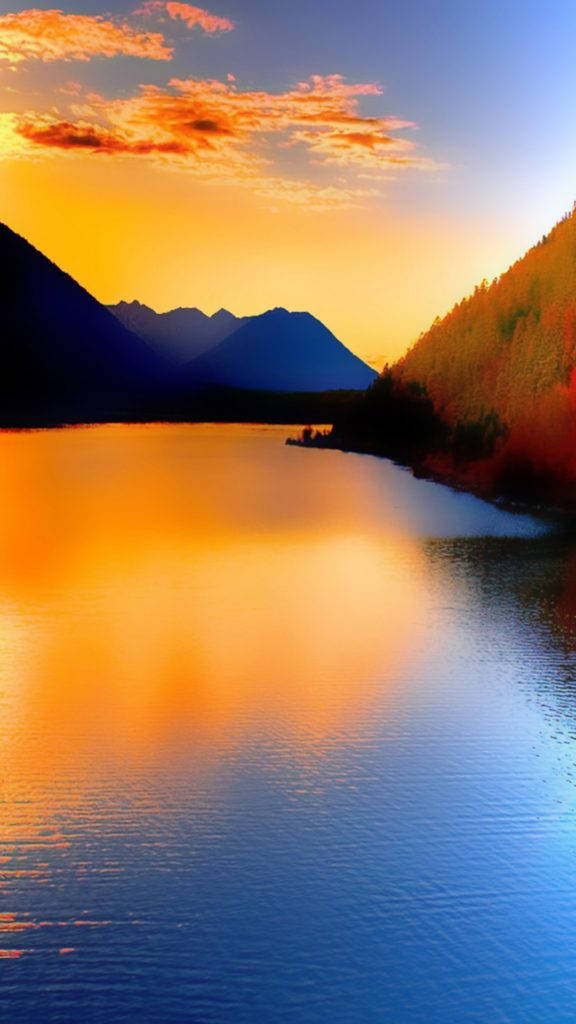 scenic lake, fiery orange sunset, silhouetted mountains, SD Phone Wallpaper