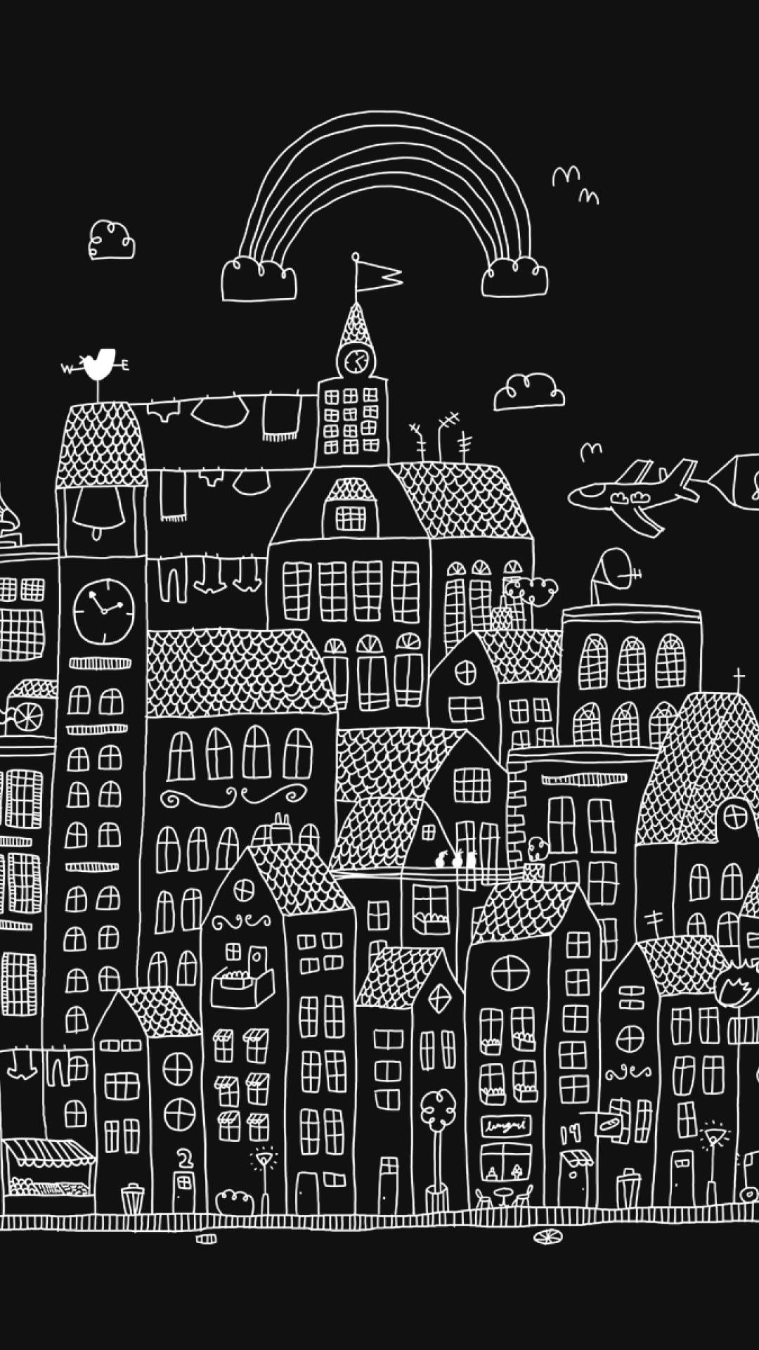 black and white iPhone chalk art, chalk-style cityscape, detailed buildings, Full HD Phone Wallpaper