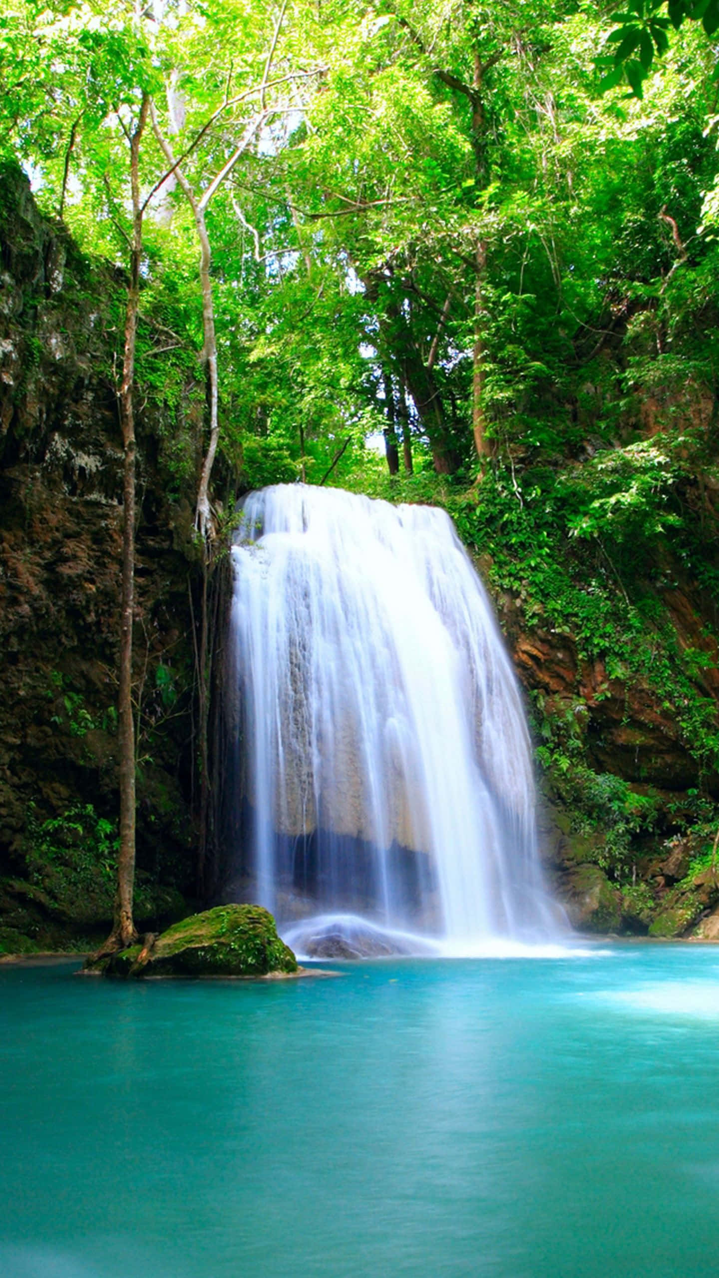 iPhone Waterfall, turquoise pool, lush green jungle foliage, 2K Phone Wallpaper
