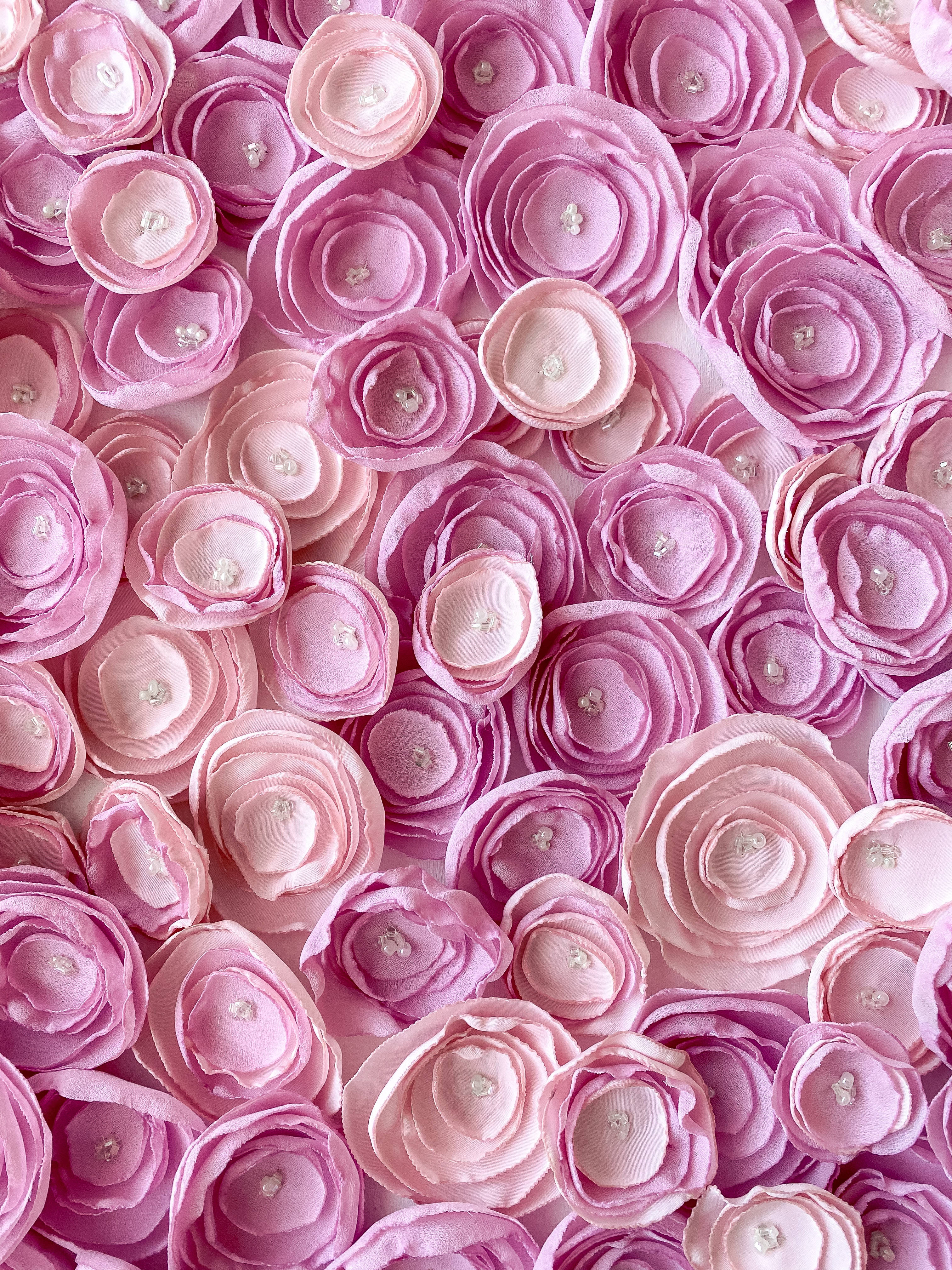 iPhone Lock Screen, soft pink fabric roses, pearl centers, 4K Phone Wallpaper