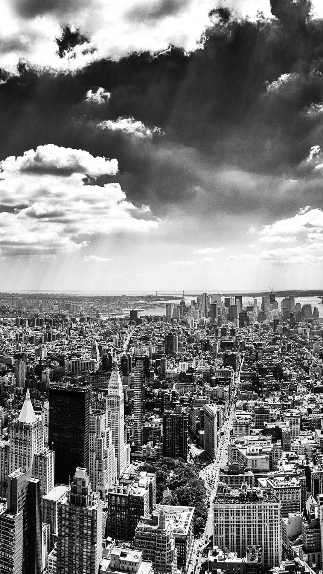 black and white, aerial view, urban skyline, Full HD Phone Wallpaper