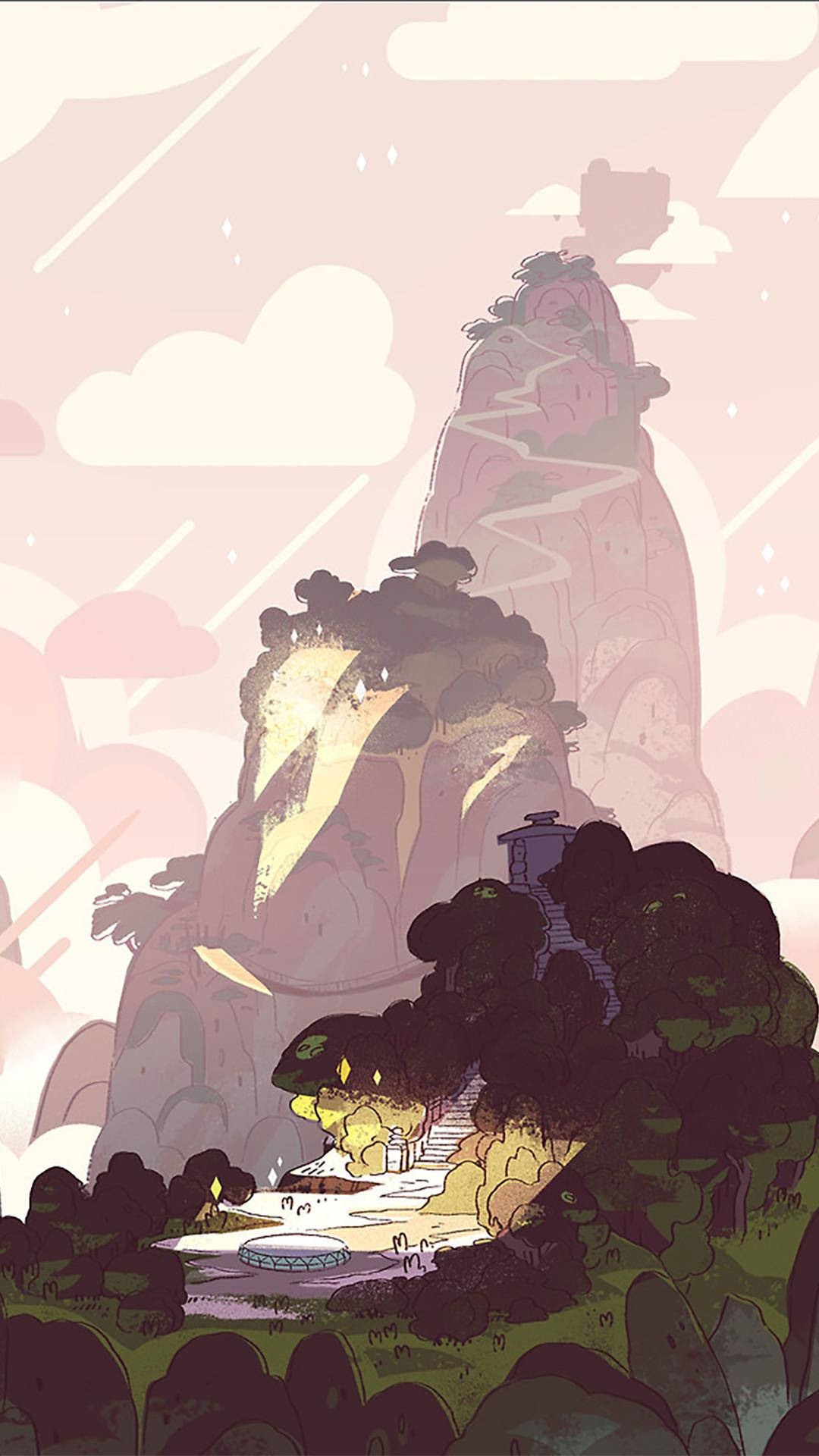 iPhone Pink Aesthetic, cartoon mountains, glowing paths, Full HD Phone Wallpaper