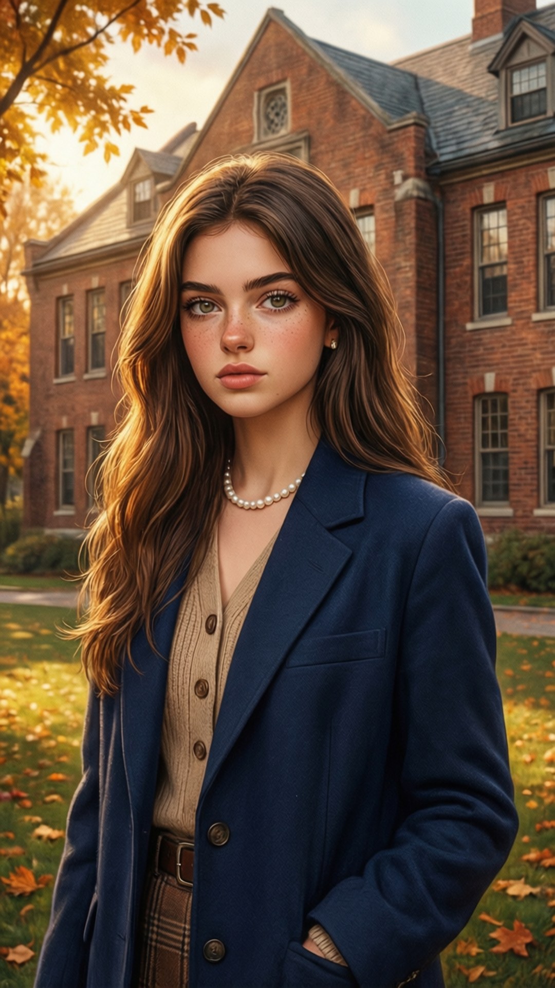 preppy school girl, blazer, pearls, Full HD Phone Wallpaper