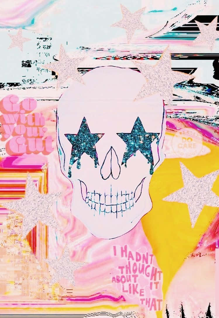 preppy pink skull artwork, pink skull, glittering star eyes, SD Phone Wallpaper
