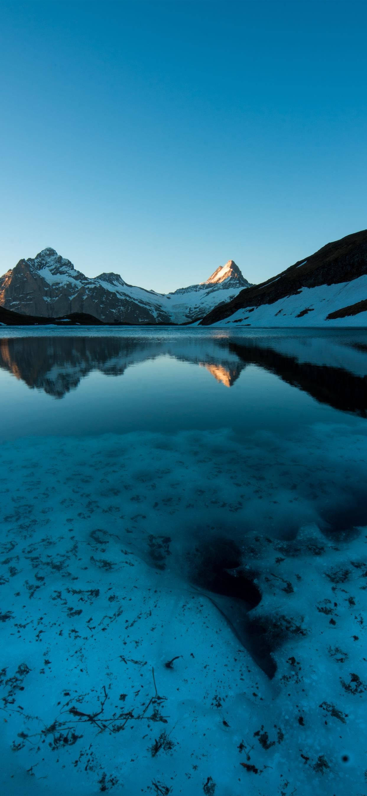 iPhone SE 2020, snowcapped mountains, calm blue lake, 2K Phone Wallpaper