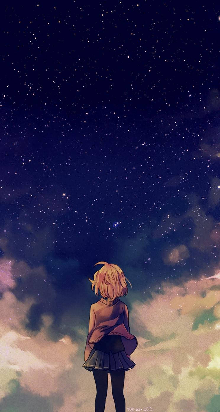 anime girl, blonde hair, starry night sky, HD Phone Wallpaper