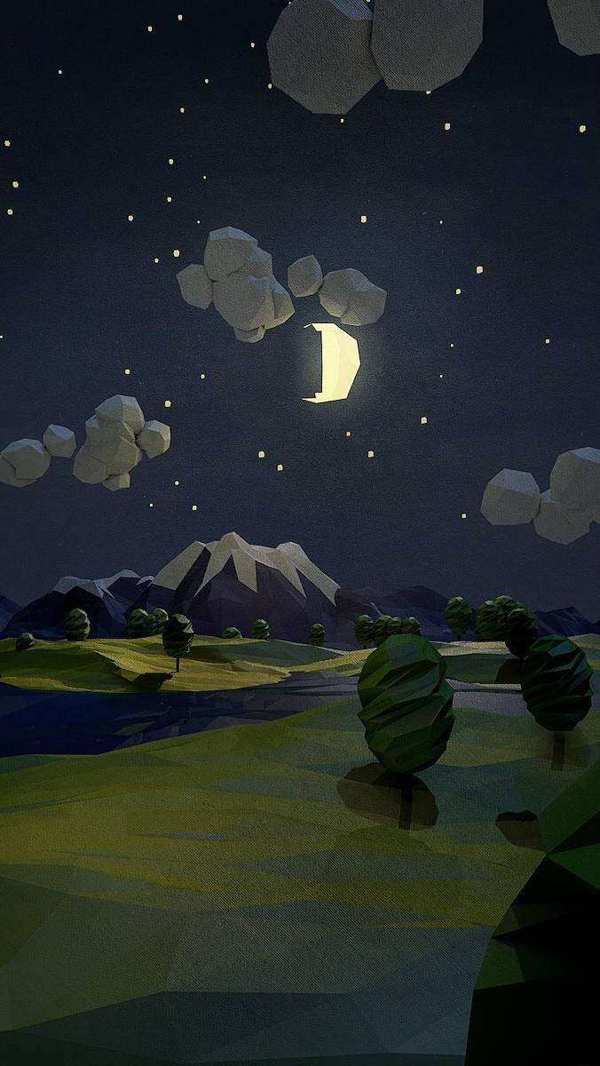 polygon forest painting, iPhone SE, crescent moon, SD Phone Wallpaper