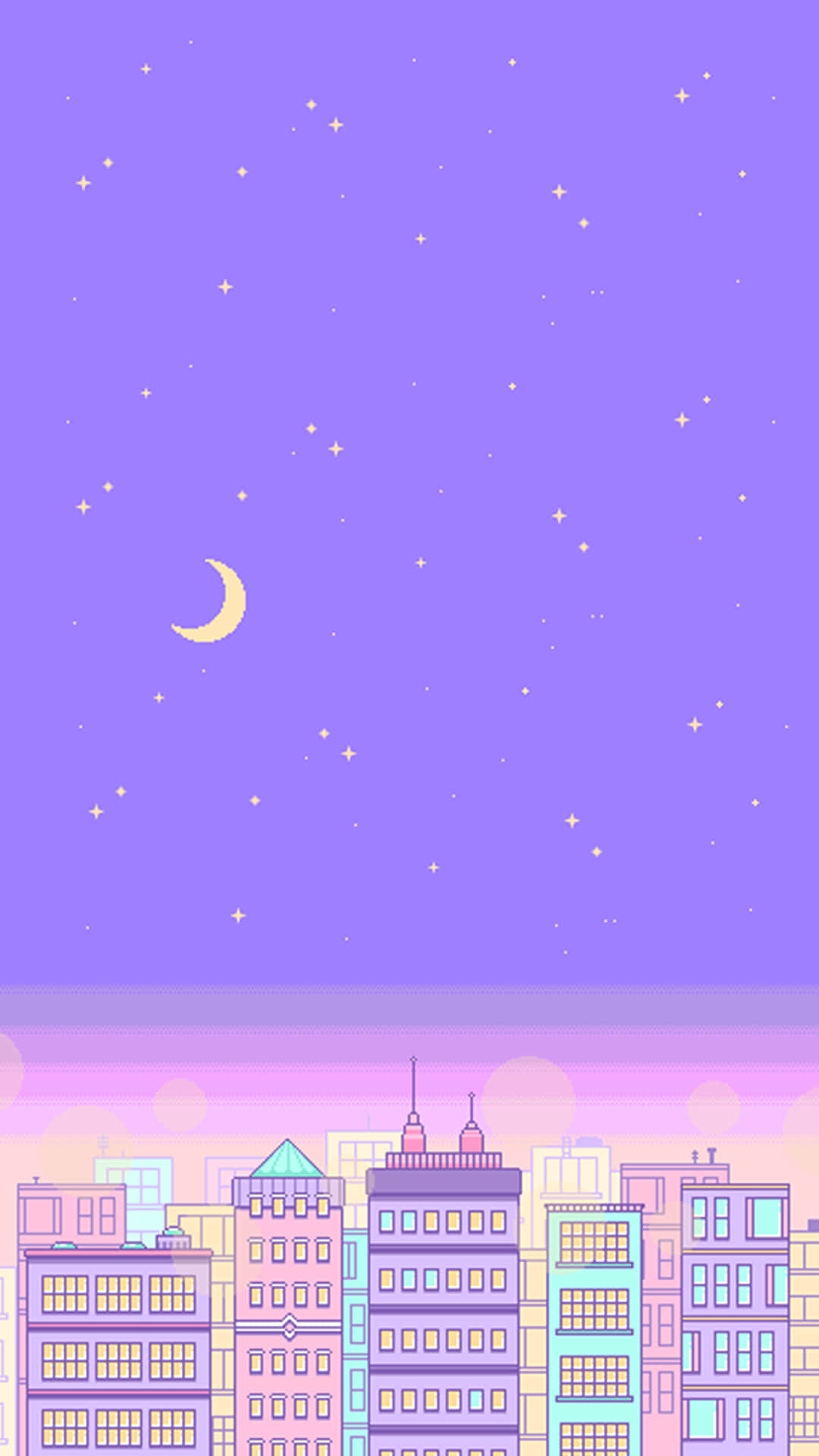 purple pastel iPhone, pastel-colored city buildings, starry purple sky, Full HD Phone Wallpaper