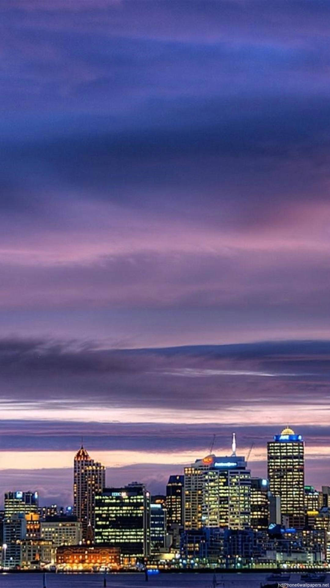 city skyline, twilight, purple and pink clouds, Full HD Phone Wallpaper