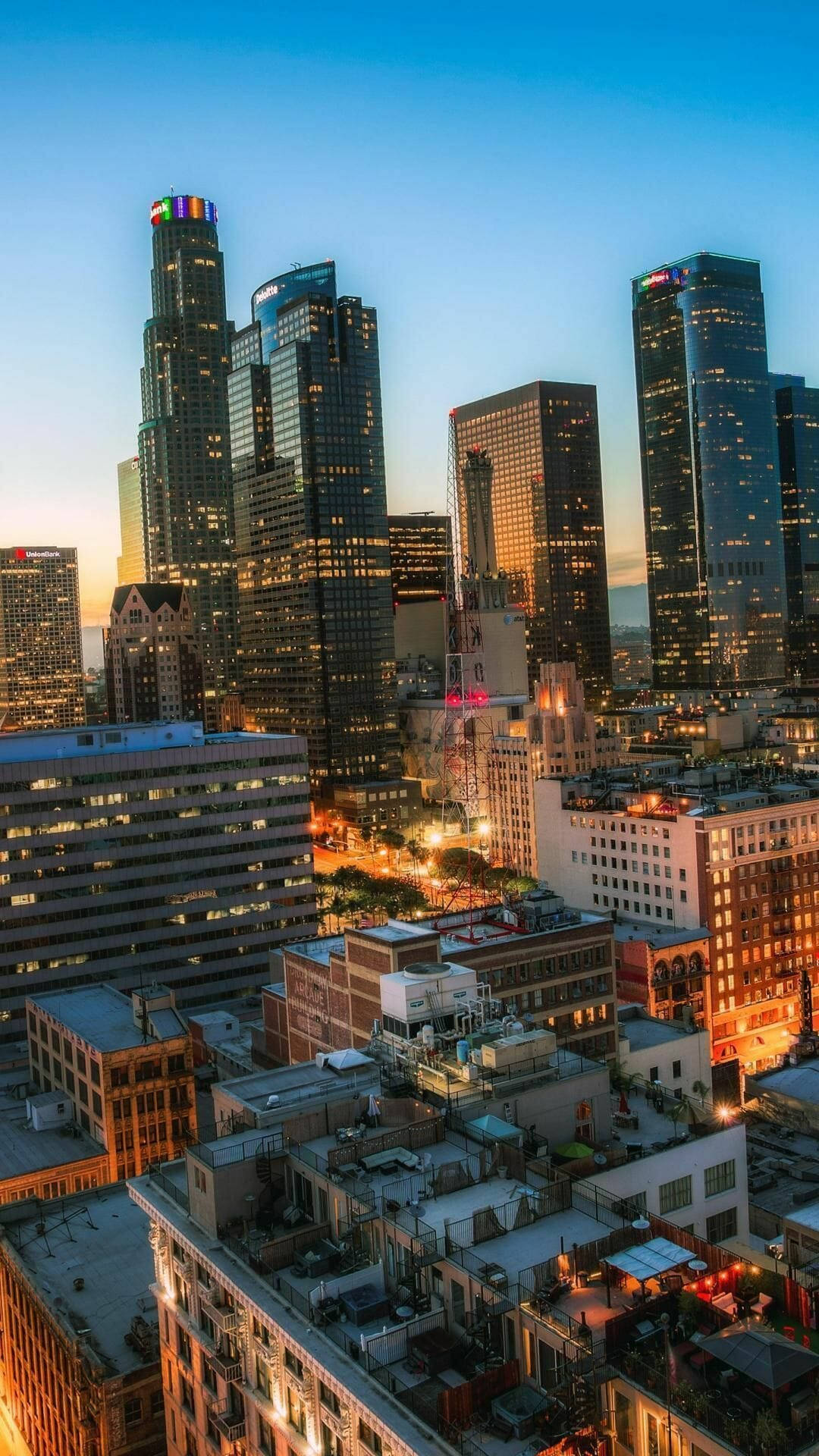 downtown Los Angeles, dusk, skyscrapers, Full HD Phone Wallpaper