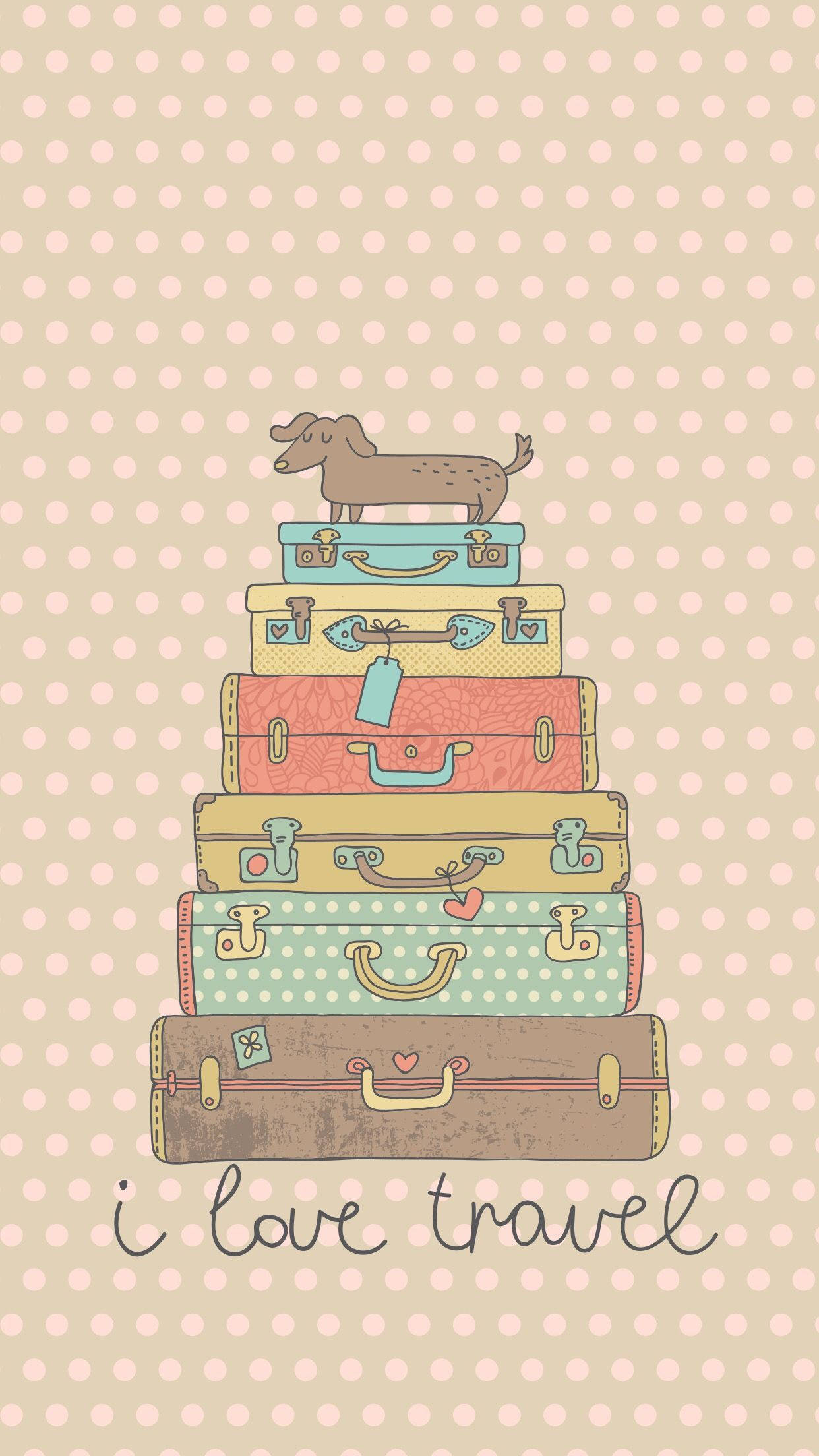 dachshund, vintage suitcases, pink polka dot background, Full HD Phone Wallpaper