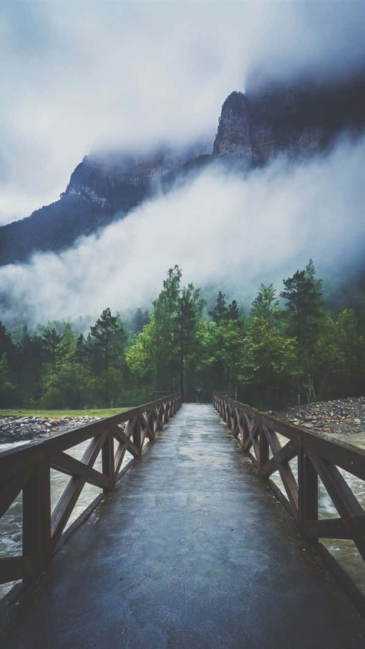 Travel iPhone, wooden bridge, misty forest, HD Phone Wallpaper