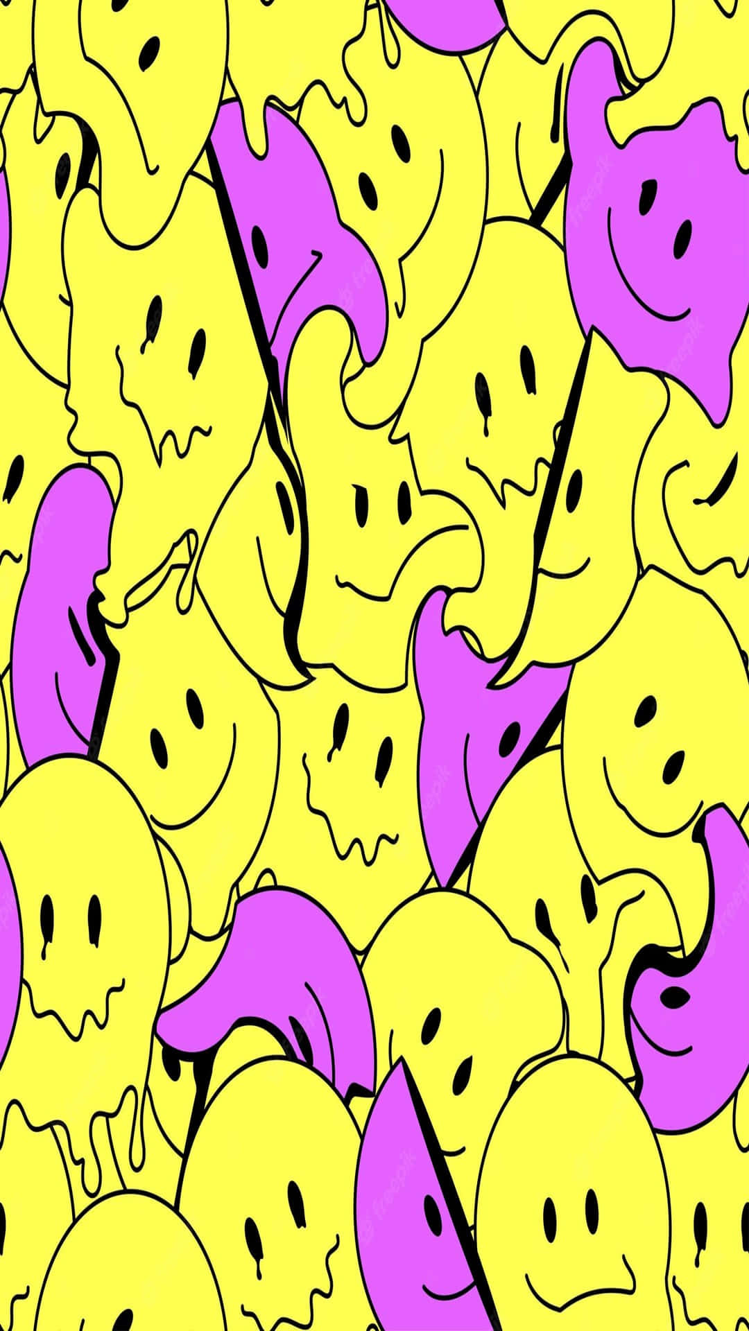 psychedelic smiley faces pattern, vibrant yellow, purple smiley faces, Full HD Phone Wallpaper
