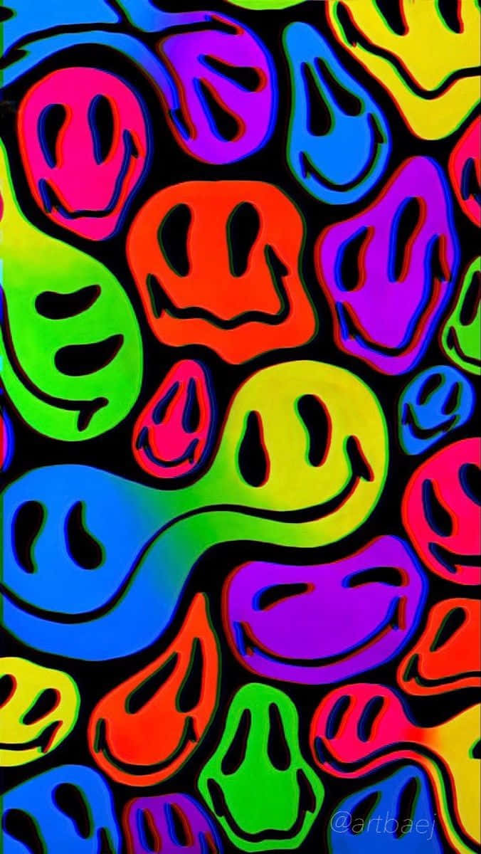 neon smiley faces, black background, psychedelic digital-art pattern, SD Phone Wallpaper