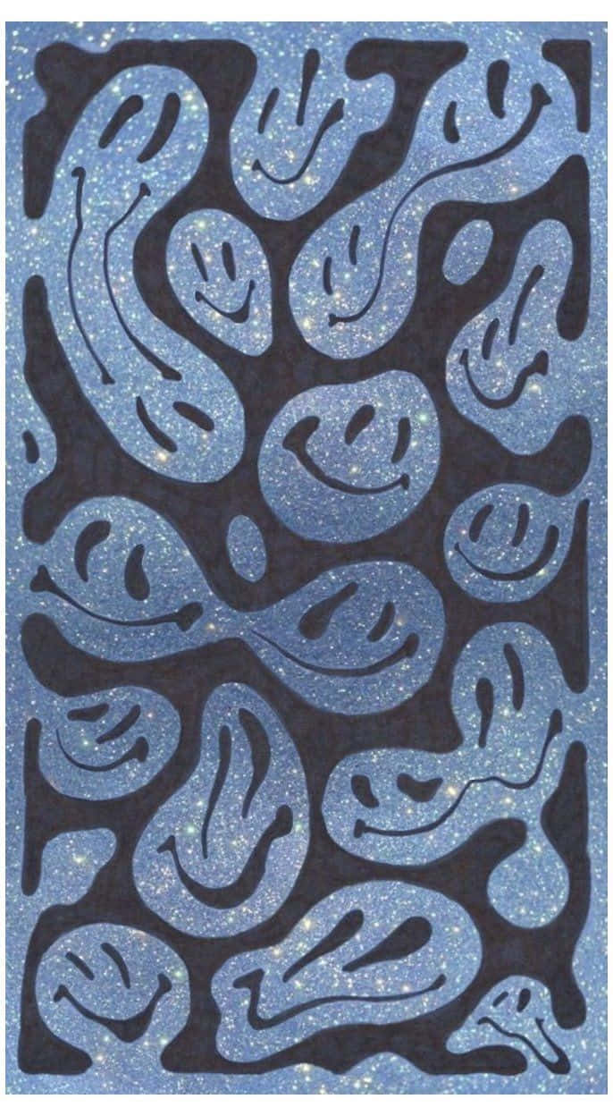 glittery blue smiley pattern, abstract smiling faces, dark background, SD Phone Wallpaper