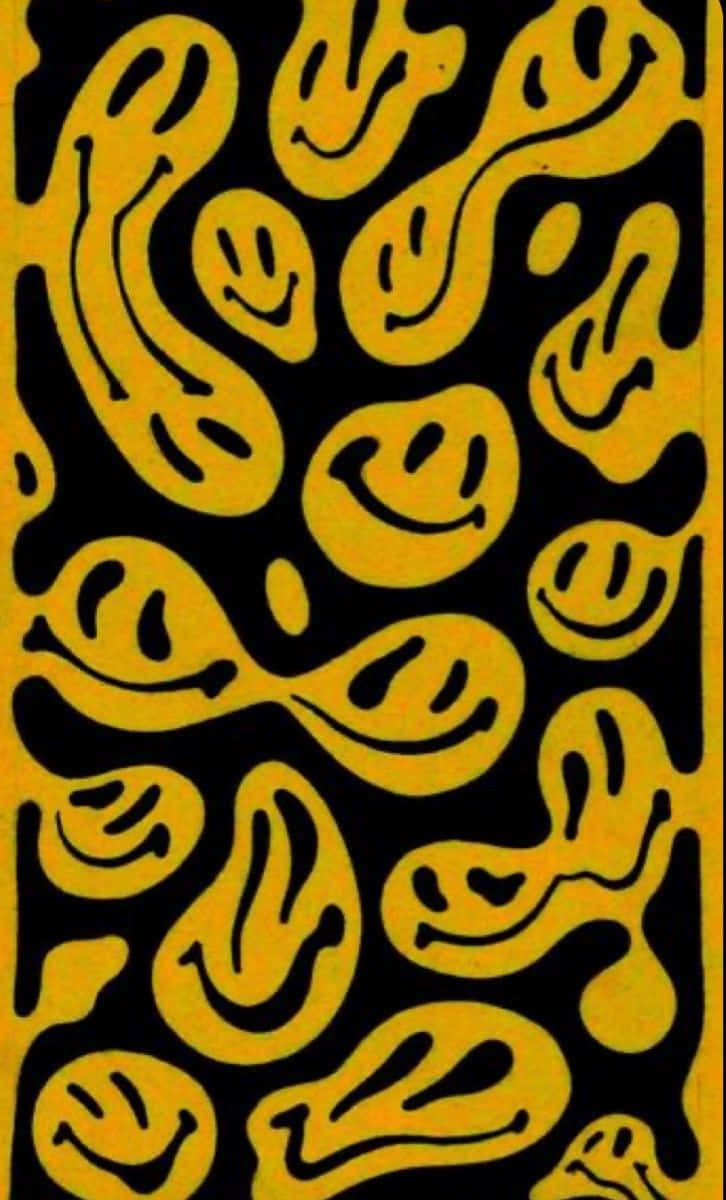 Trippy Yellow Smiley Face Pattern, vibrant yellow smiley faces, wavy outlines, SD Phone Wallpaper
