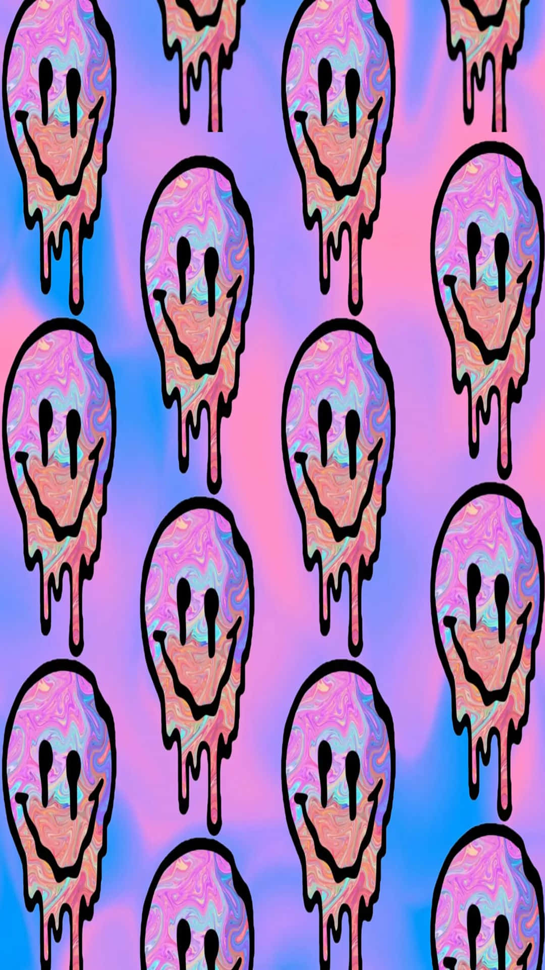 psychedelic dripping smiley faces pattern, gradient purple and blue background, repeating dripping smiley faces, Full HD Phone Wallpaper