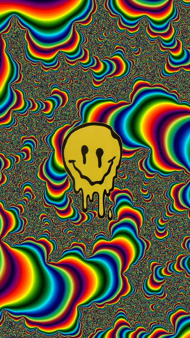 psychedelic smiley face, dripping yellow smiley face, psychedelic rainbow waves, HD Phone Wallpaper