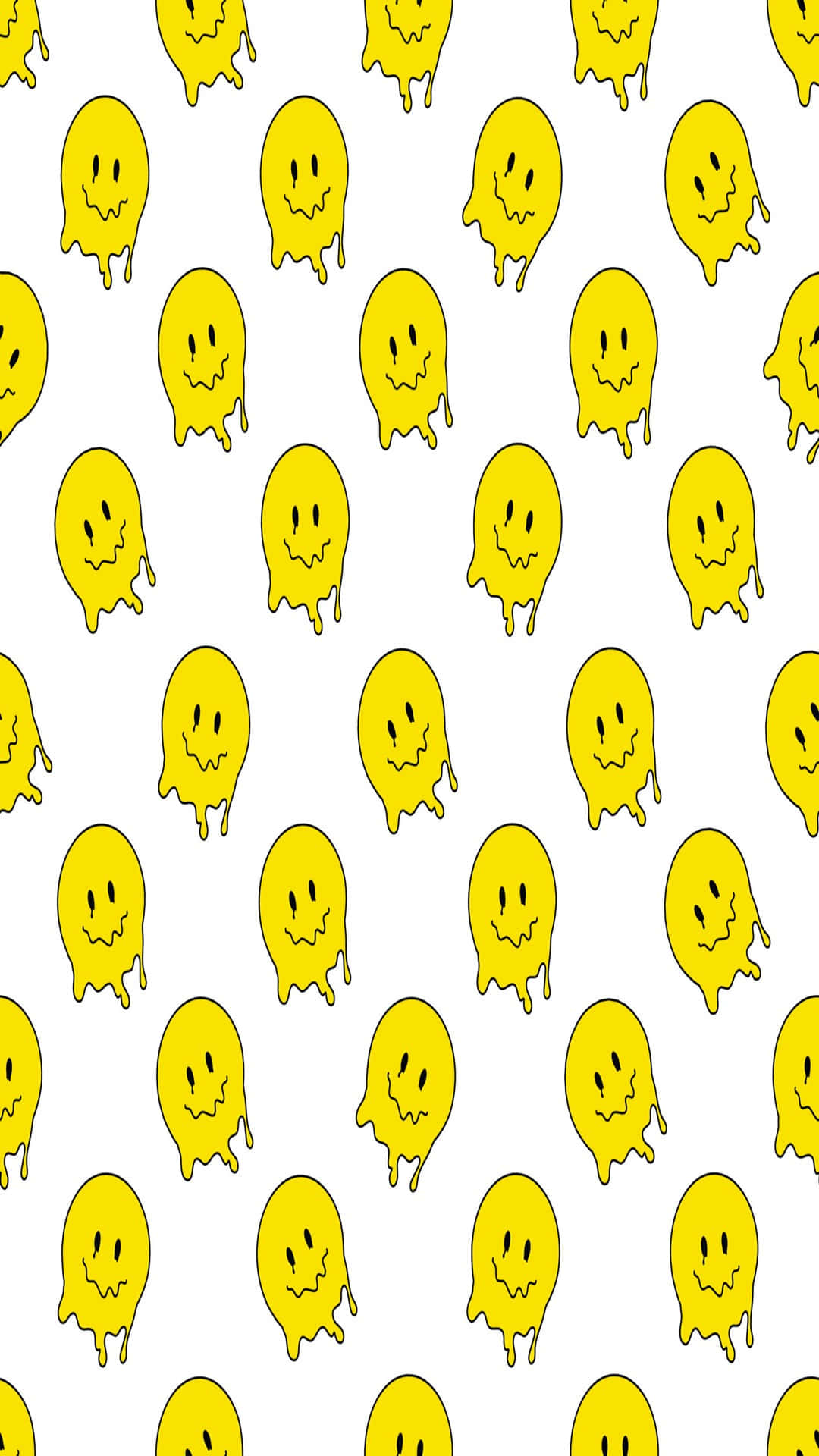 yellow smiley faces, melting yellow smiley faces, repeating pattern, Full HD Phone Wallpaper