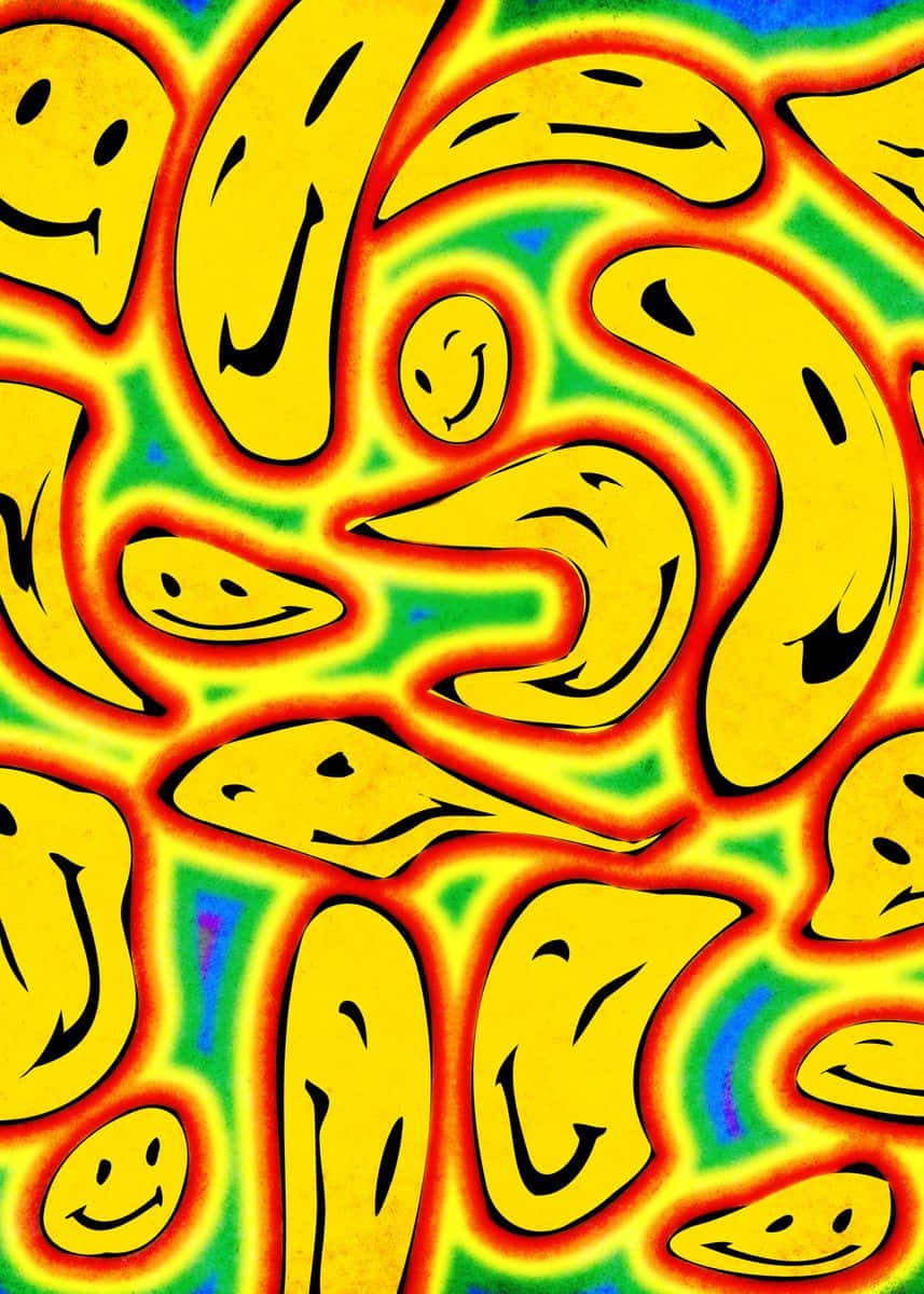 psychedelic smiley face pattern, melting yellow smiley faces, red outlines, SD Phone Wallpaper