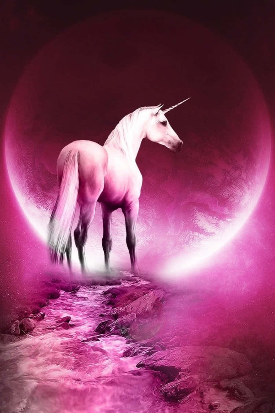 iPhone Unicorn, white unicorn, glowing pink rocky shore, HD Phone Wallpaper