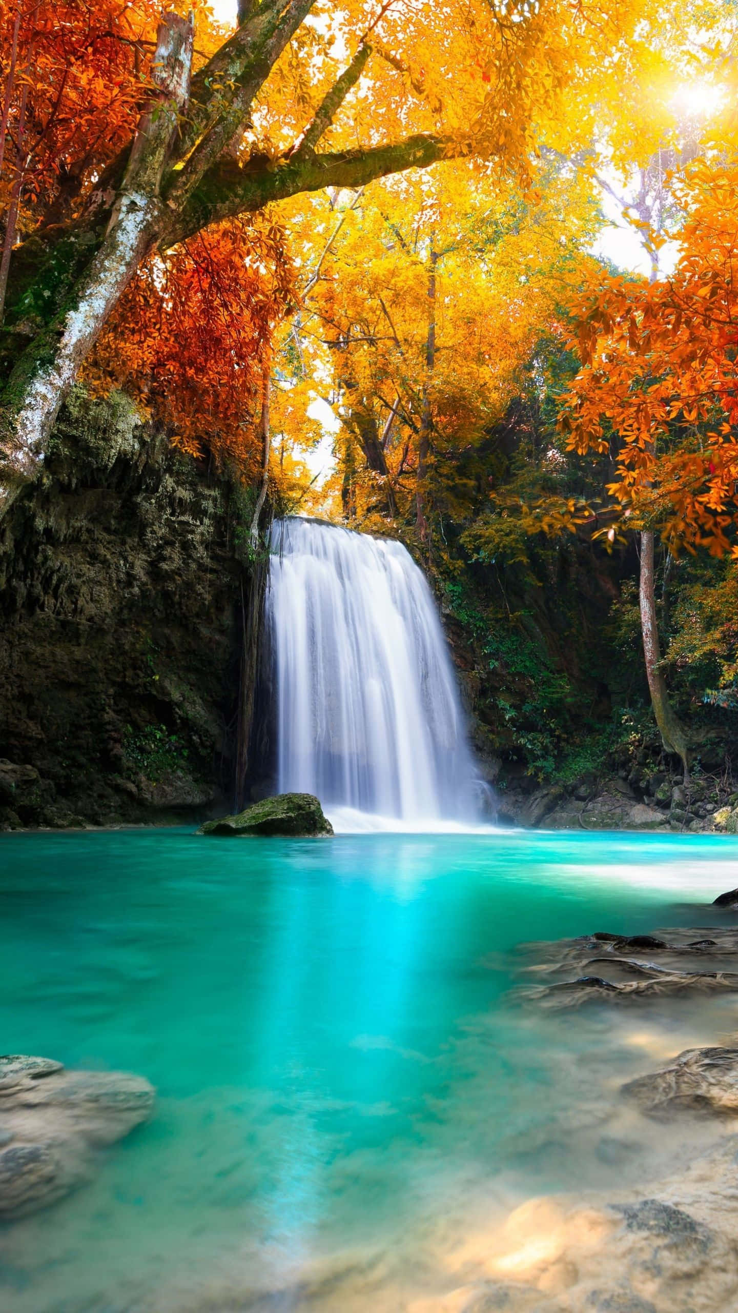 iPhone Waterfall, autumn waterfall, turquoise pool, 2K Phone Wallpaper